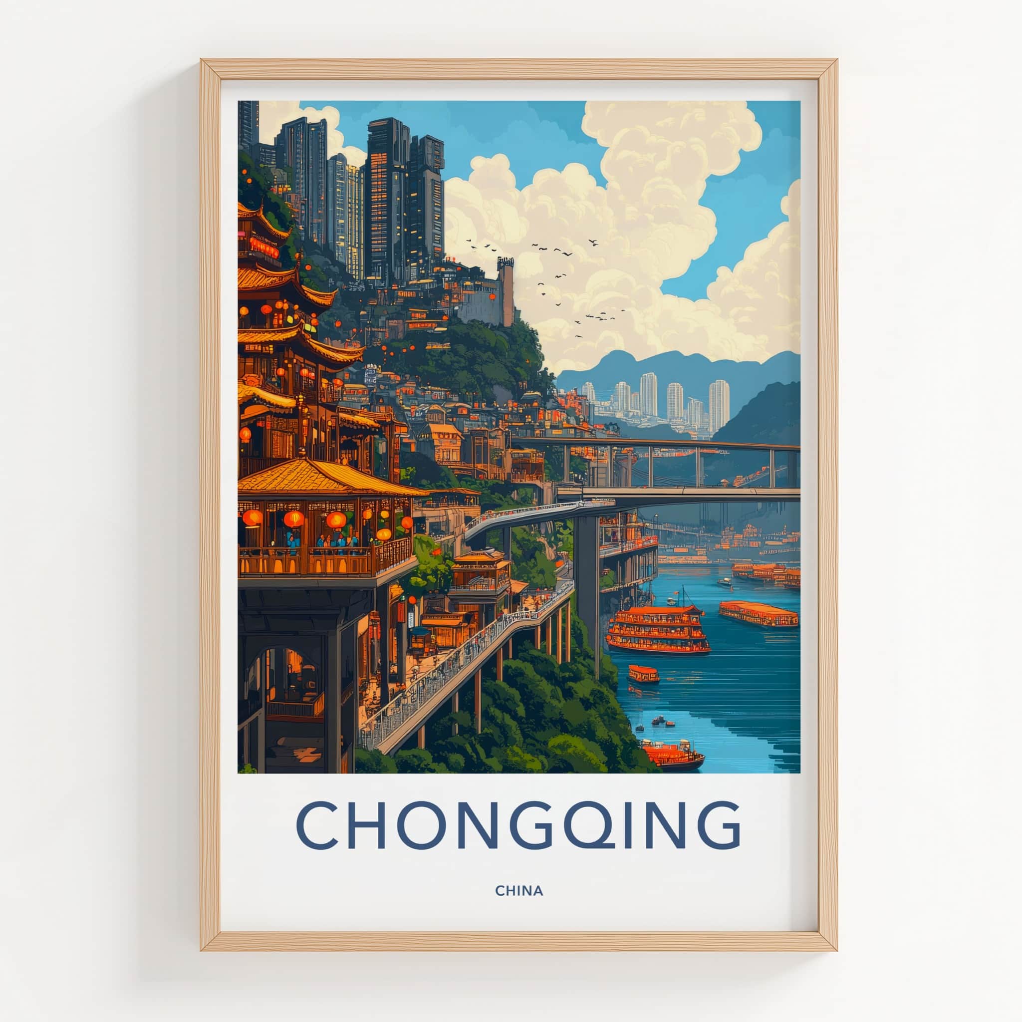 Chongqing Poster - China Travel Art - Riverside Cityscape Bridges Home Decor