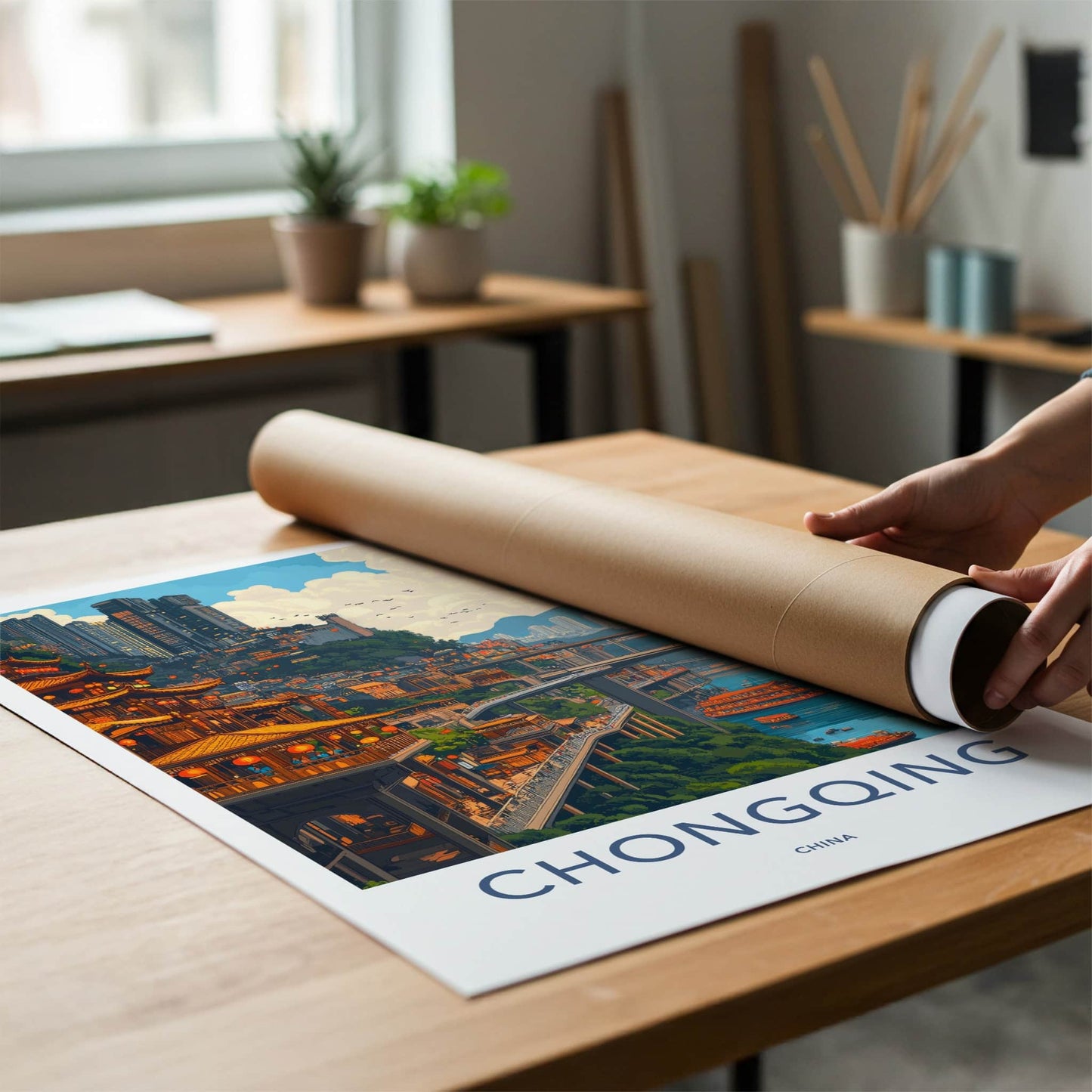 Chongqing Poster - China Travel Art - Riverside Cityscape Bridges Home Decor