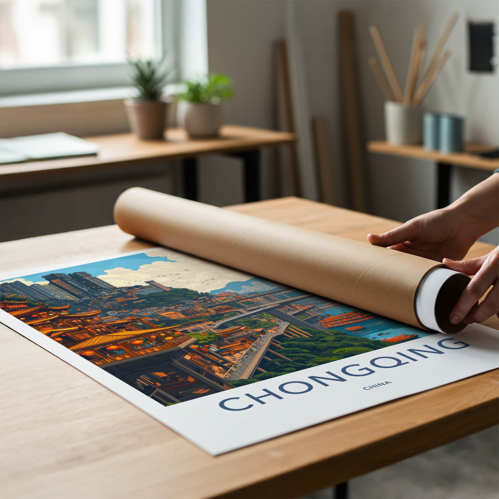 Chongqing Poster - China Travel Art - Riverside Cityscape Bridges Home Decor