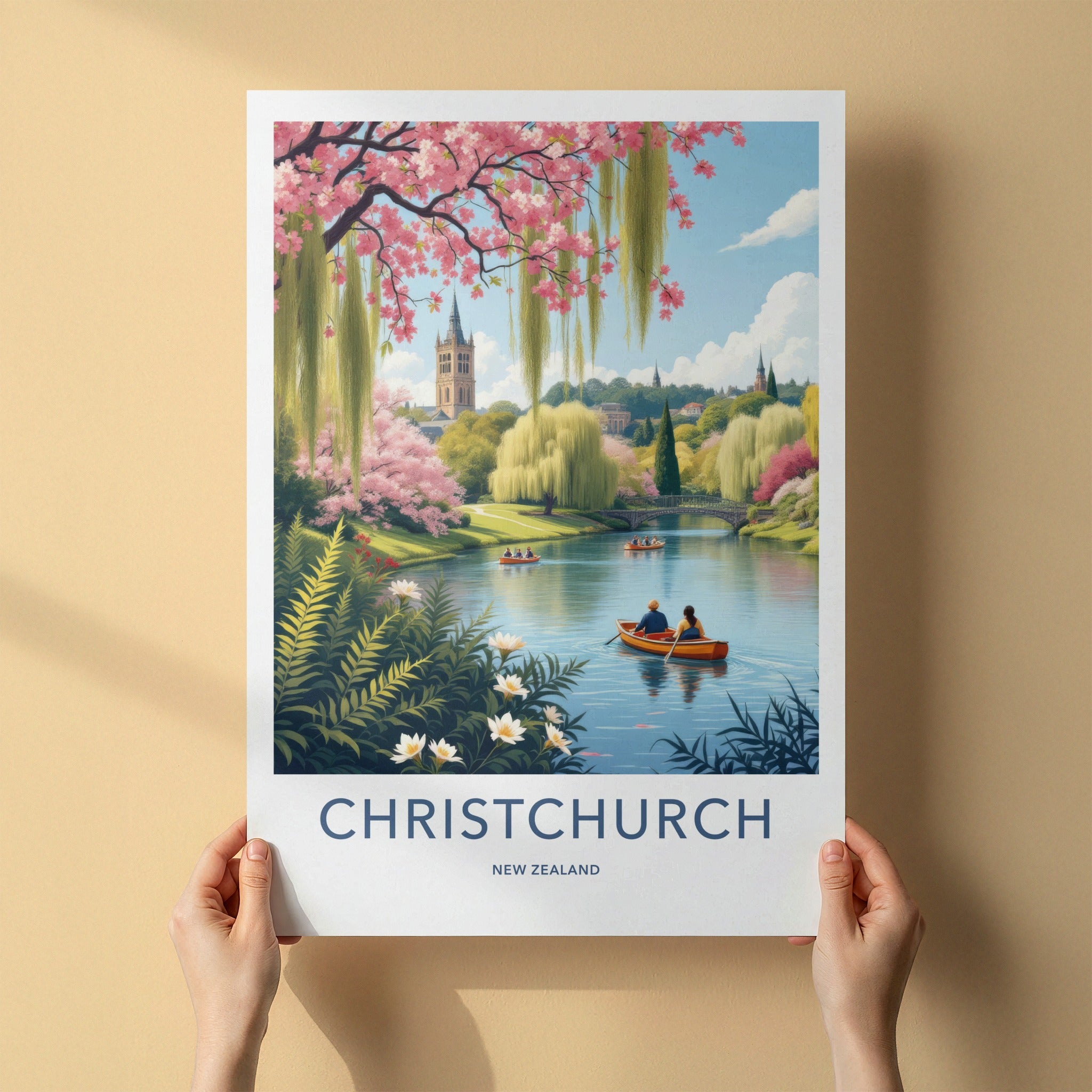 Christchurch Poster - New Zealand Travel Art - Blossom River Tower Home Decor