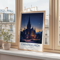 Christchurch Poster - New Zealand Travel Art - Gothic Church Stars Wall Decor