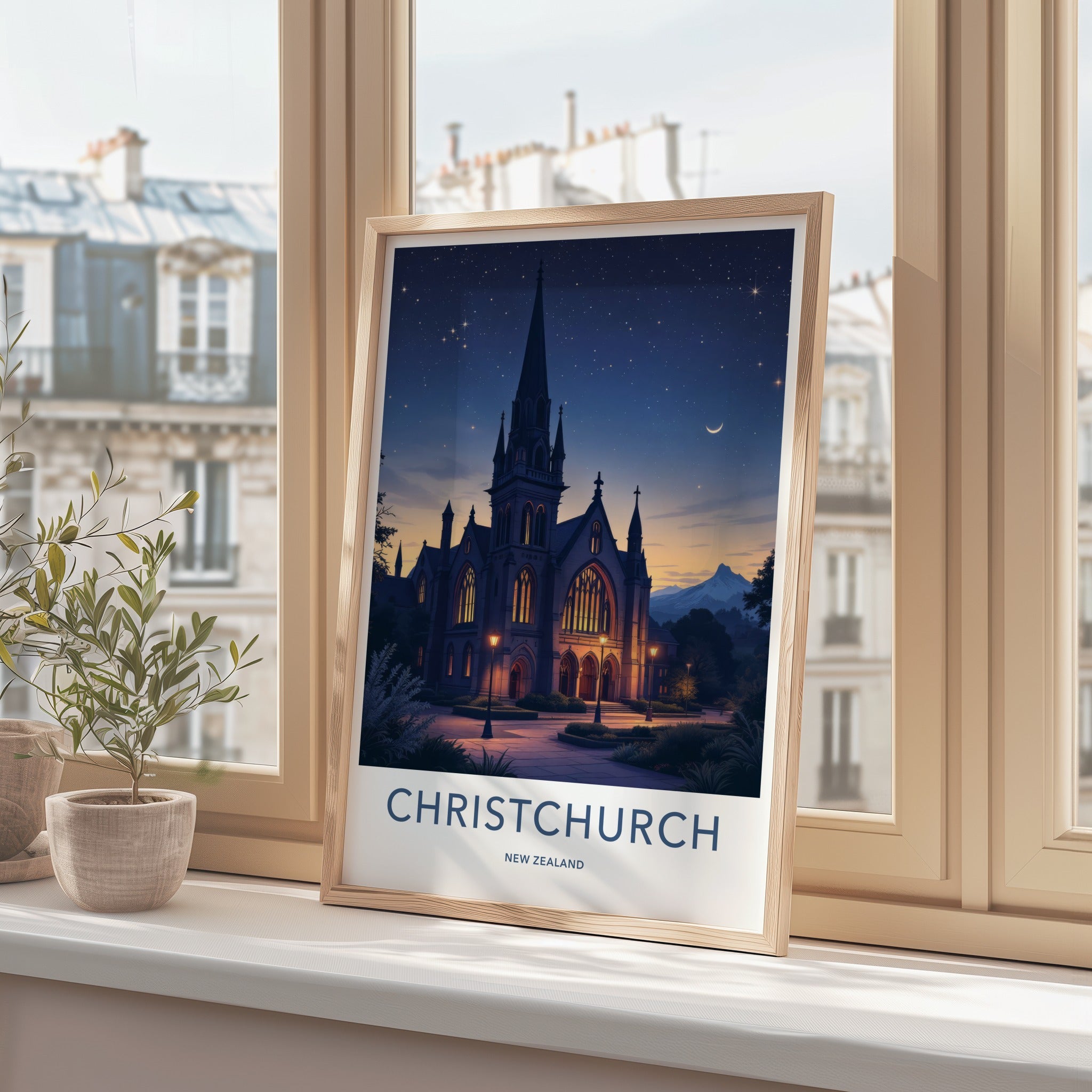 Christchurch Poster - New Zealand Travel Art - Gothic Church Stars Wall Decor