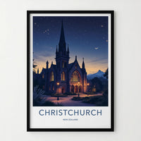 Christchurch Poster - New Zealand Travel Art - Gothic Church Stars Wall Decor