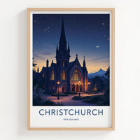 Christchurch Poster - New Zealand Travel Art - Gothic Church Stars Wall Decor
