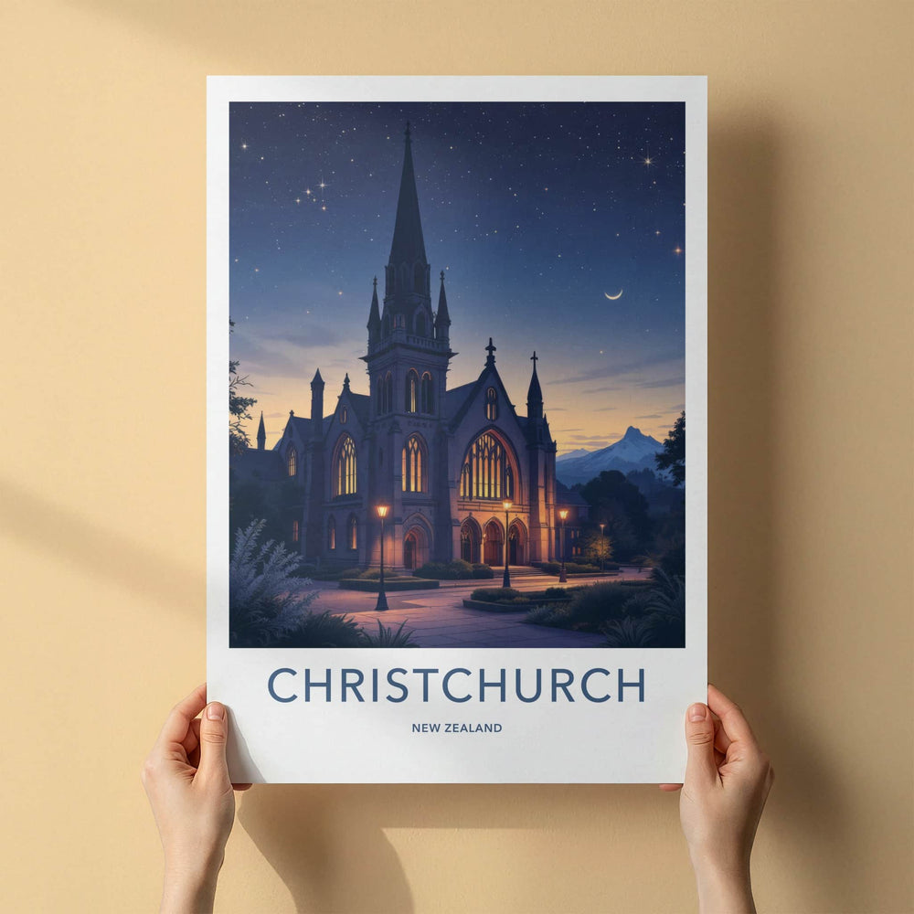 Christchurch Poster - New Zealand Travel Art - Gothic Church Stars Wall Decor