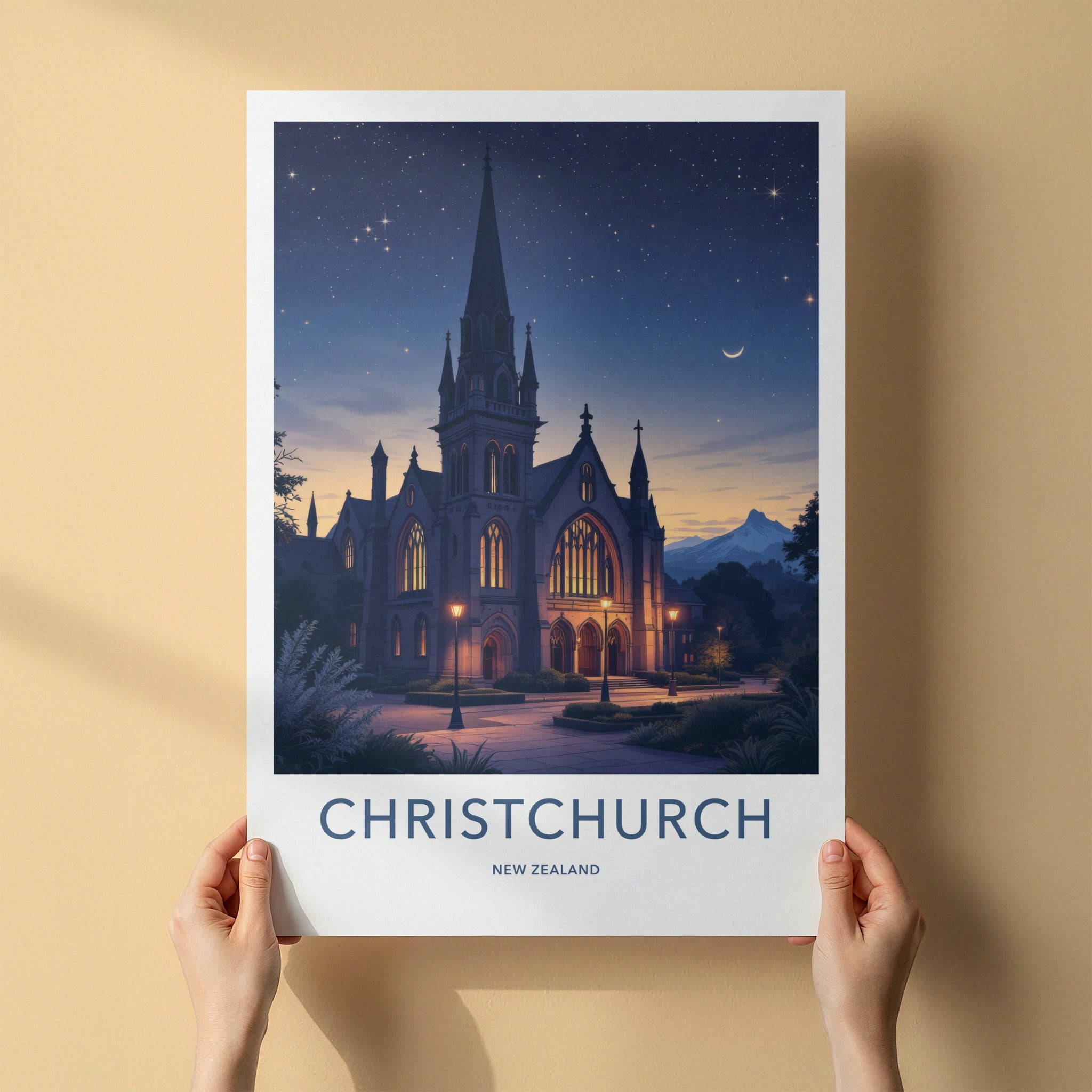 Christchurch Poster - New Zealand Travel Art - Gothic Church Stars Wall Decor