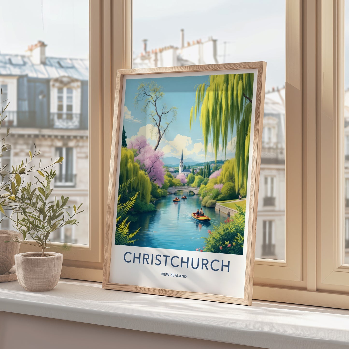 Christchurch Poster - New Zealand Travel Art - River Willow Church Wall Decor