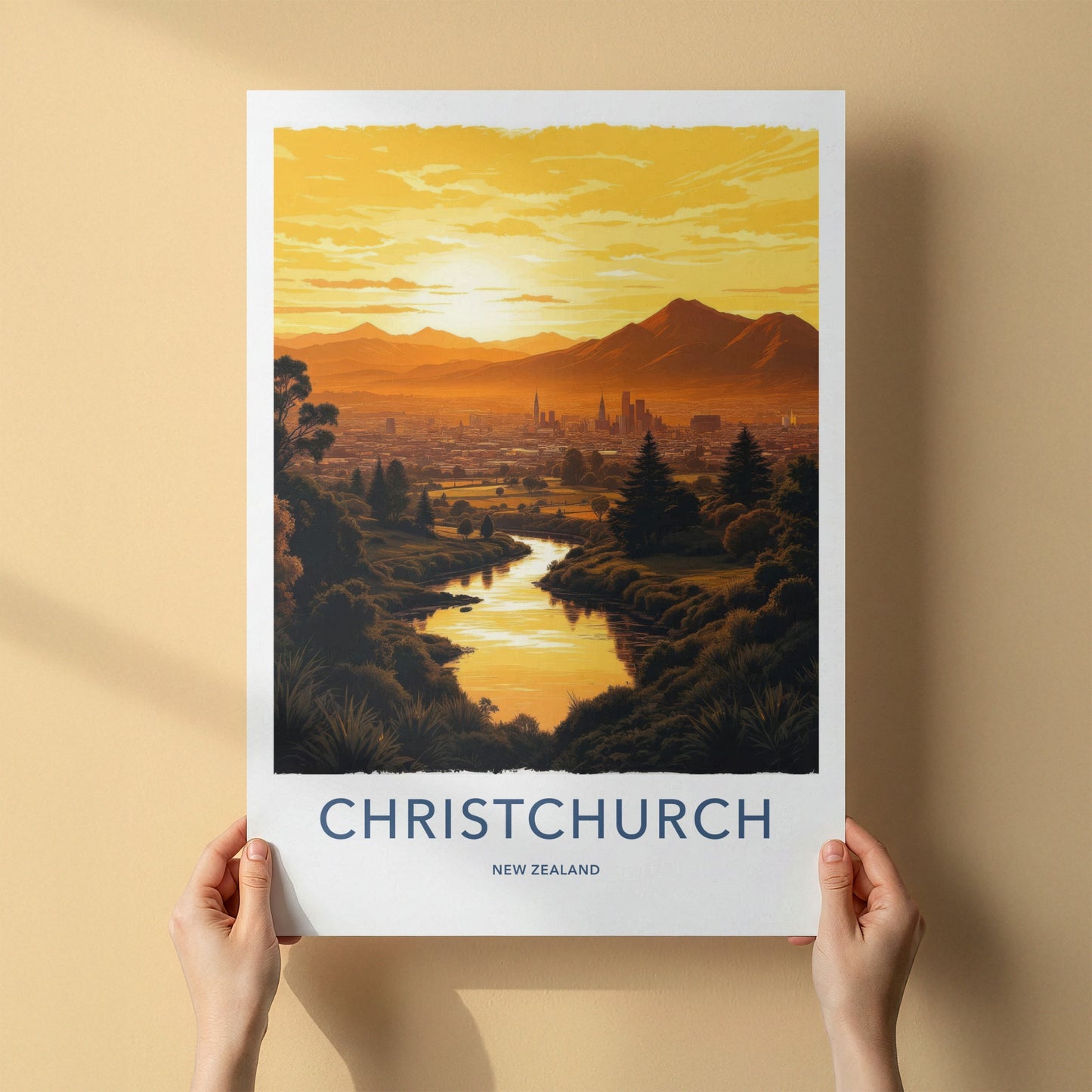 Christchurch Poster - New Zealand Travel Art - Sunset City River Home Decor