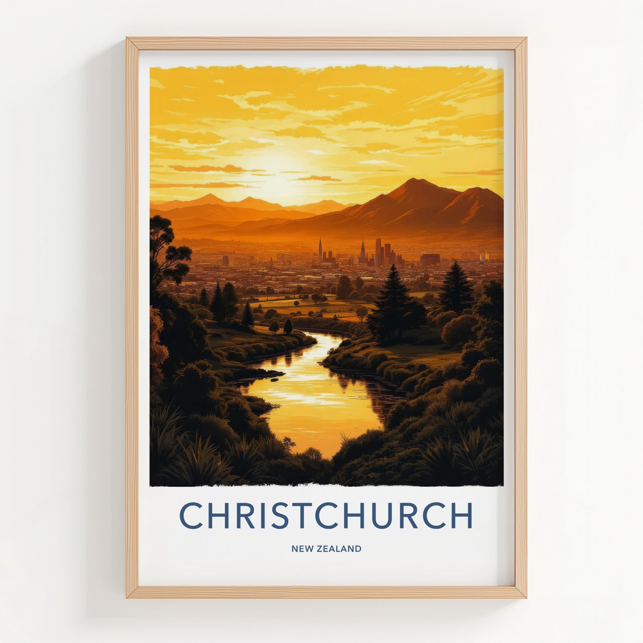 Christchurch Poster - New Zealand Travel Art - Sunset City River Home Decor