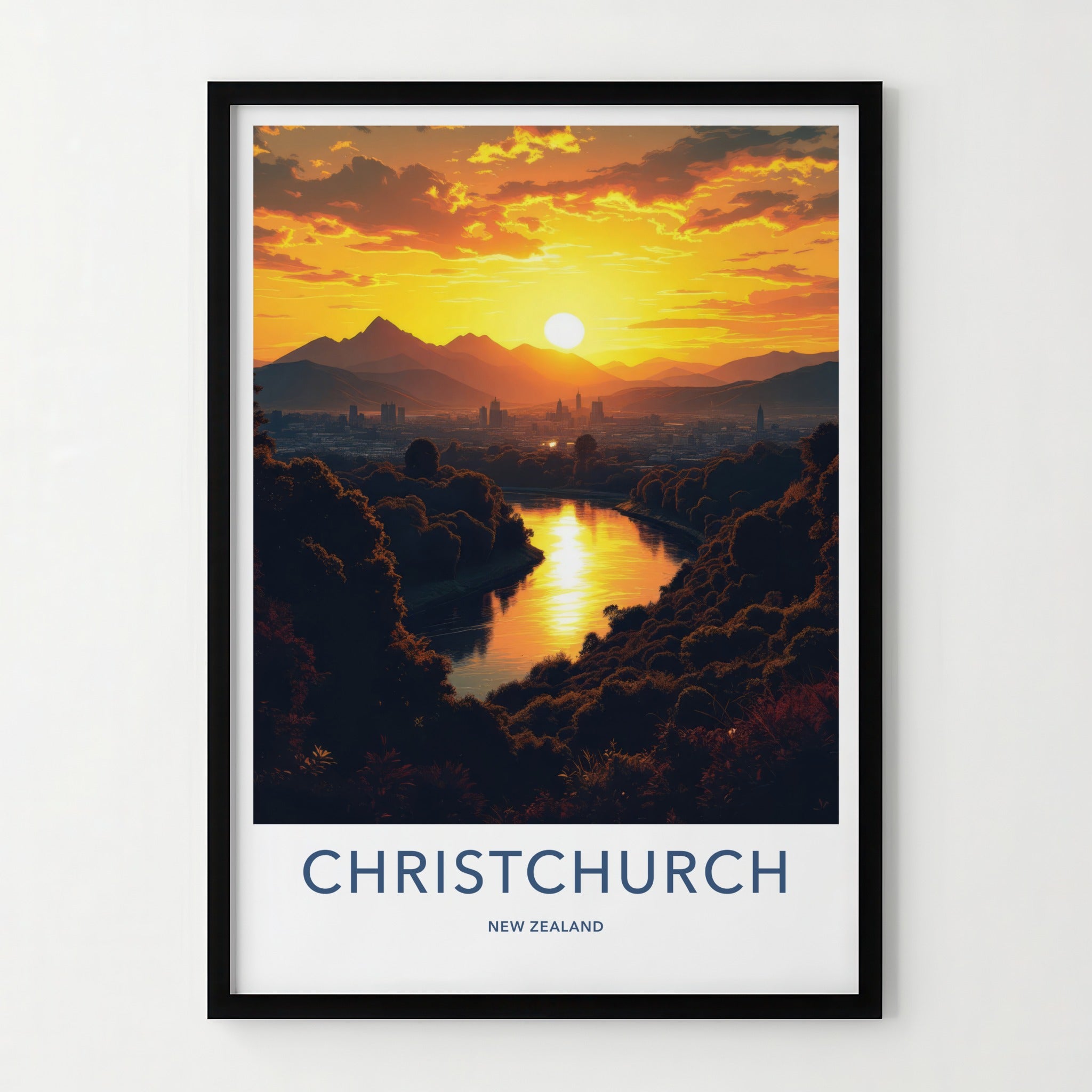 Christchurch Poster - New Zealand Travel Art - Vibrant River Sunset Wall Decor