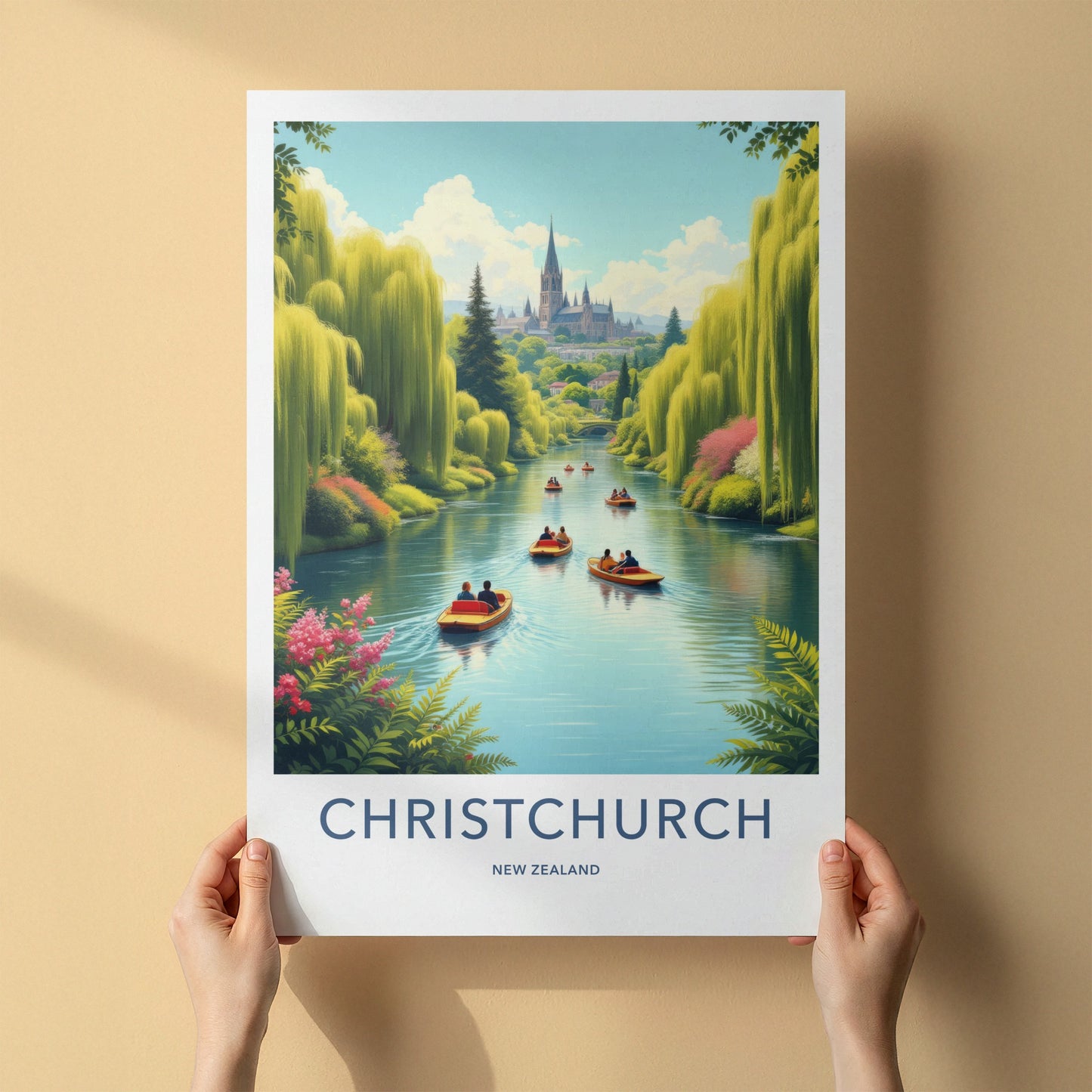 Christchurch Poster - New Zealand Travel Art - Willow River Cathedral Home Decor