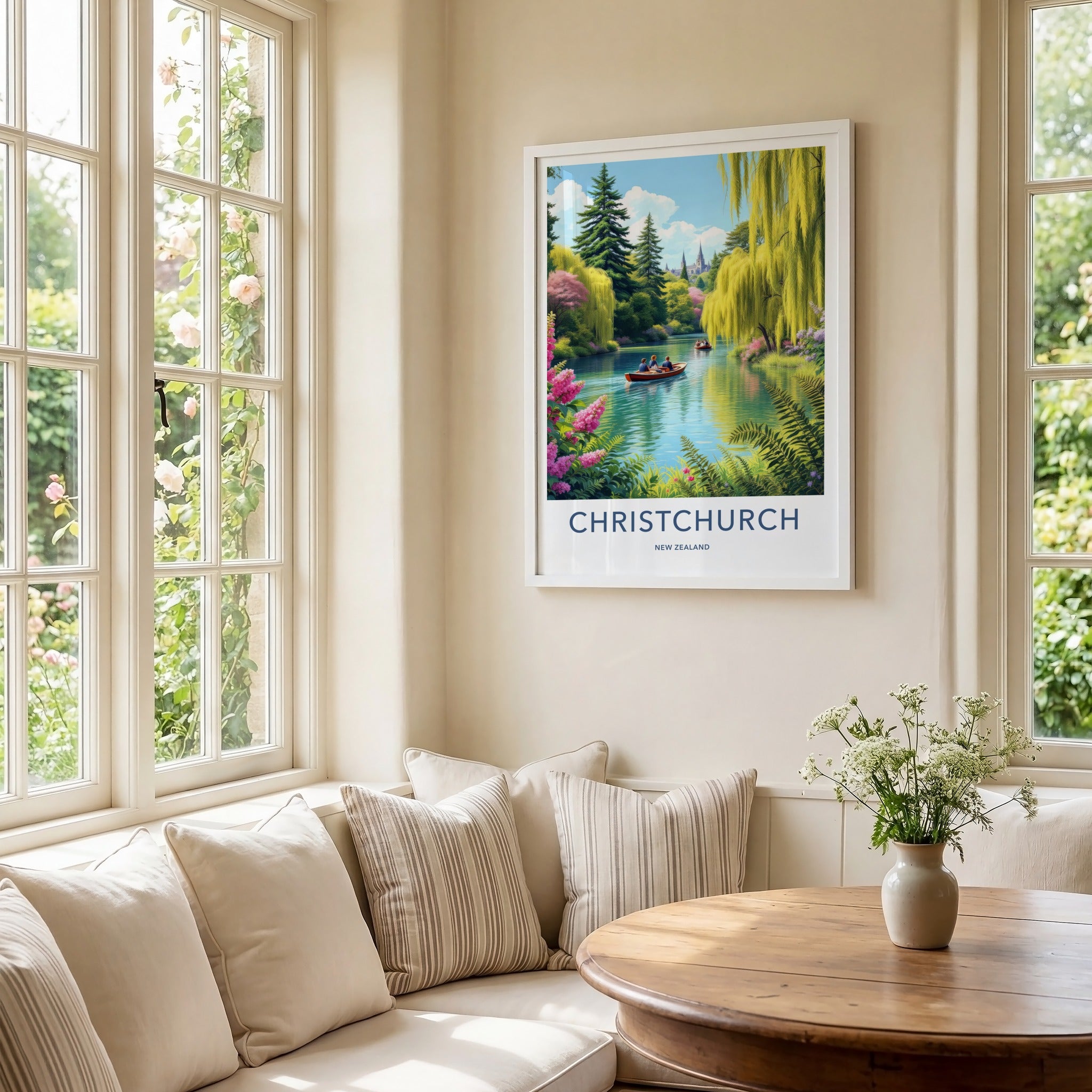 Christchurch Poster - New Zealand Travel Print - Boats Lush River Home Decor