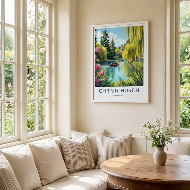 Christchurch Poster - New Zealand Travel Print - Boats Lush River Home Decor