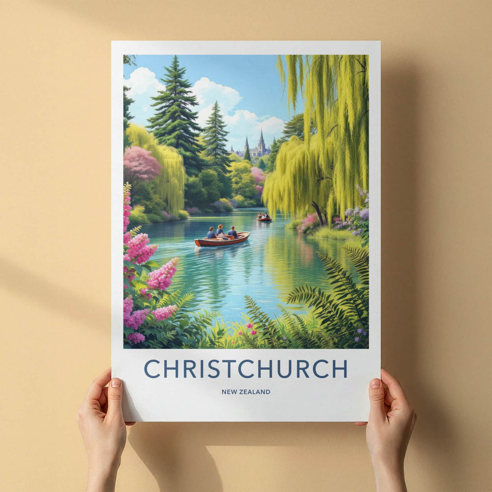 Christchurch Poster - New Zealand Travel Print - Boats Lush River Home Decor