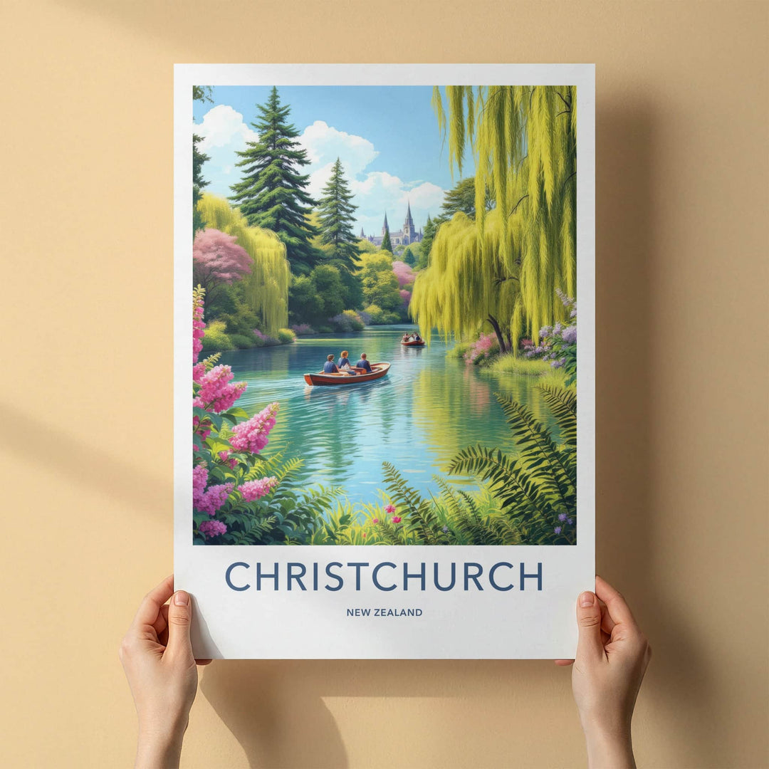 Christchurch Poster - New Zealand Travel Print - Boats Lush River Home Decor