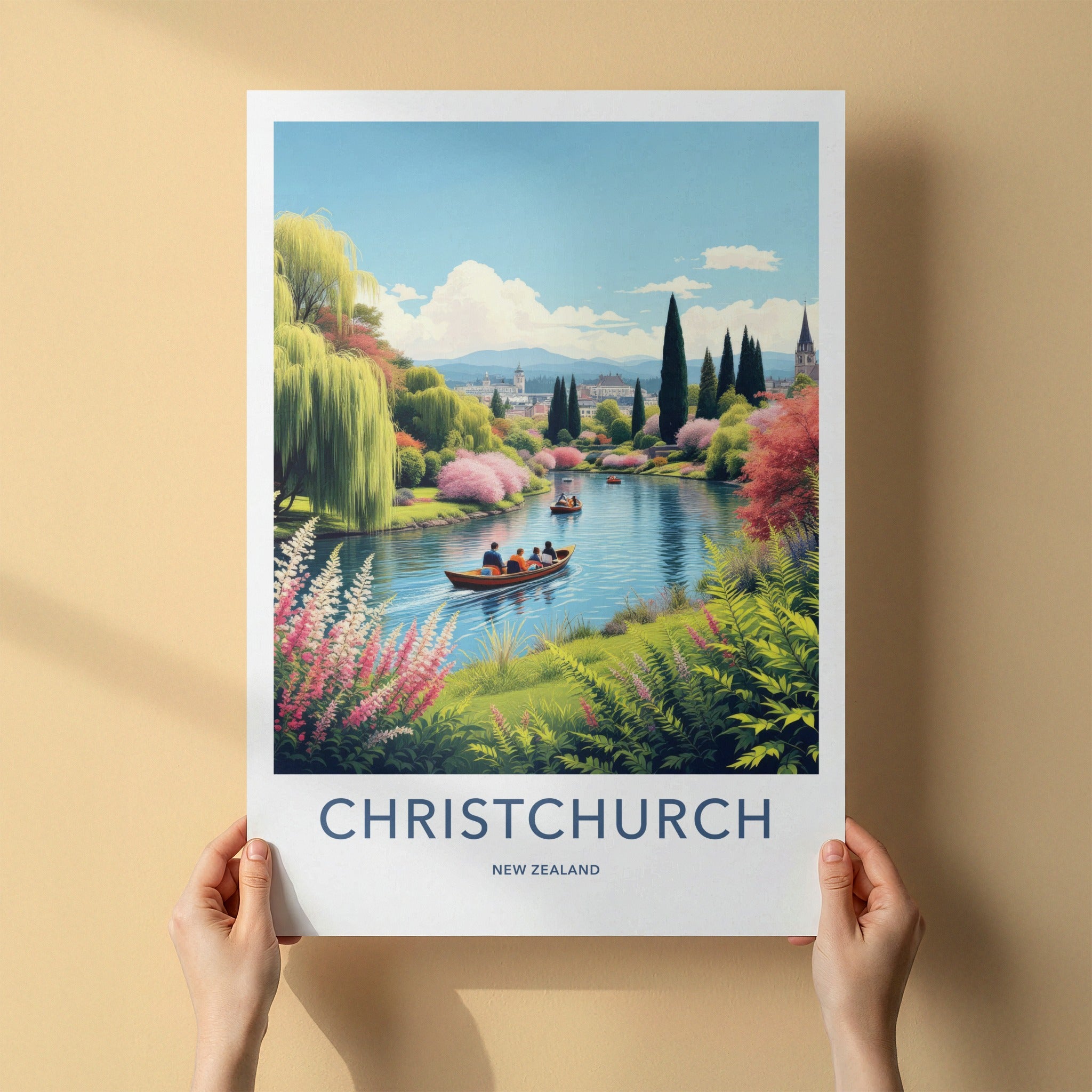 Christchurch Poster - New Zealand Travel Print - Punting Avon River Home Decor