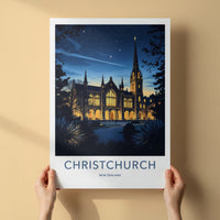 Christchurch Poster - New Zealand Wall Art - Gothic Spire Night Home Decor