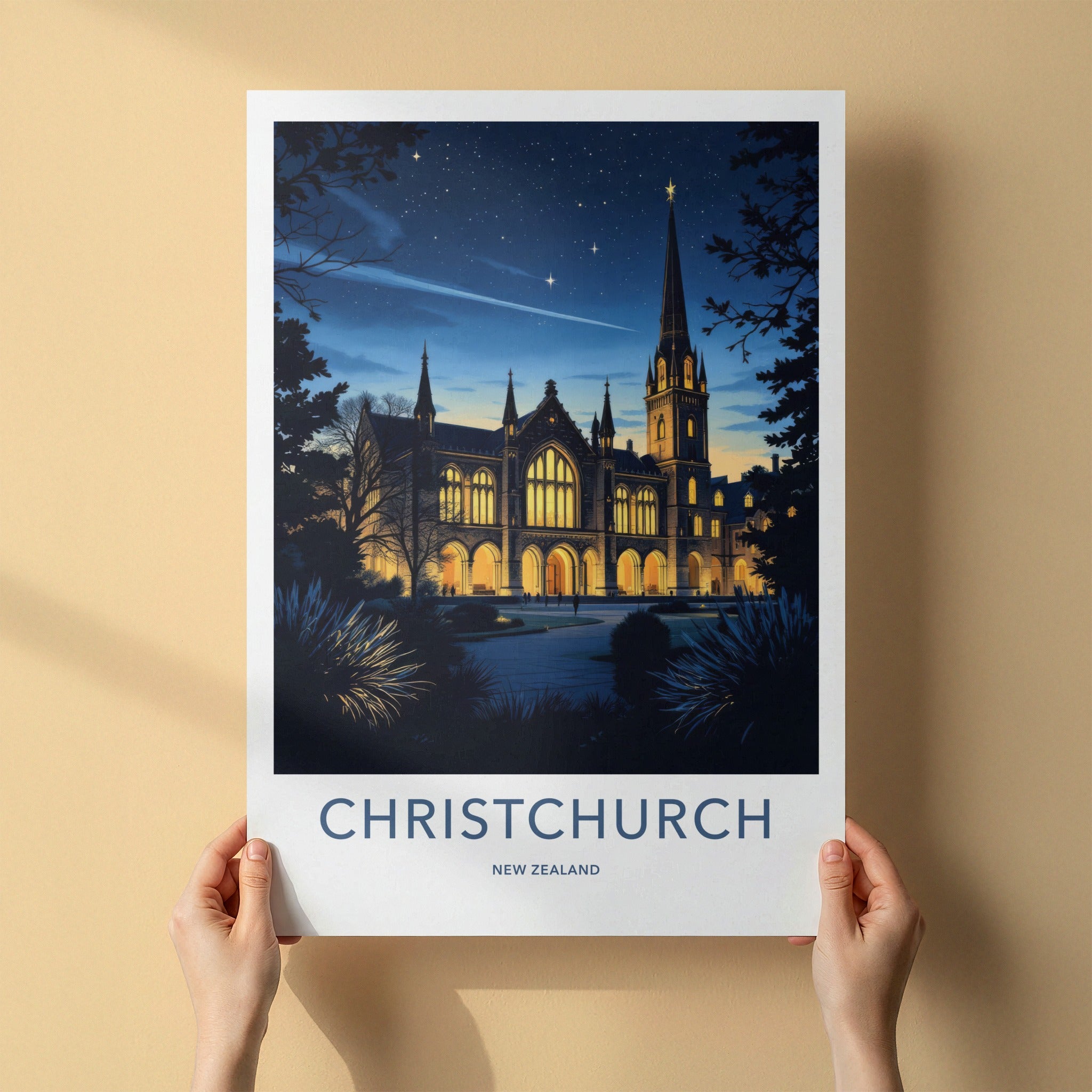Christchurch Poster - New Zealand Wall Art - Gothic Spire Night Home Decor