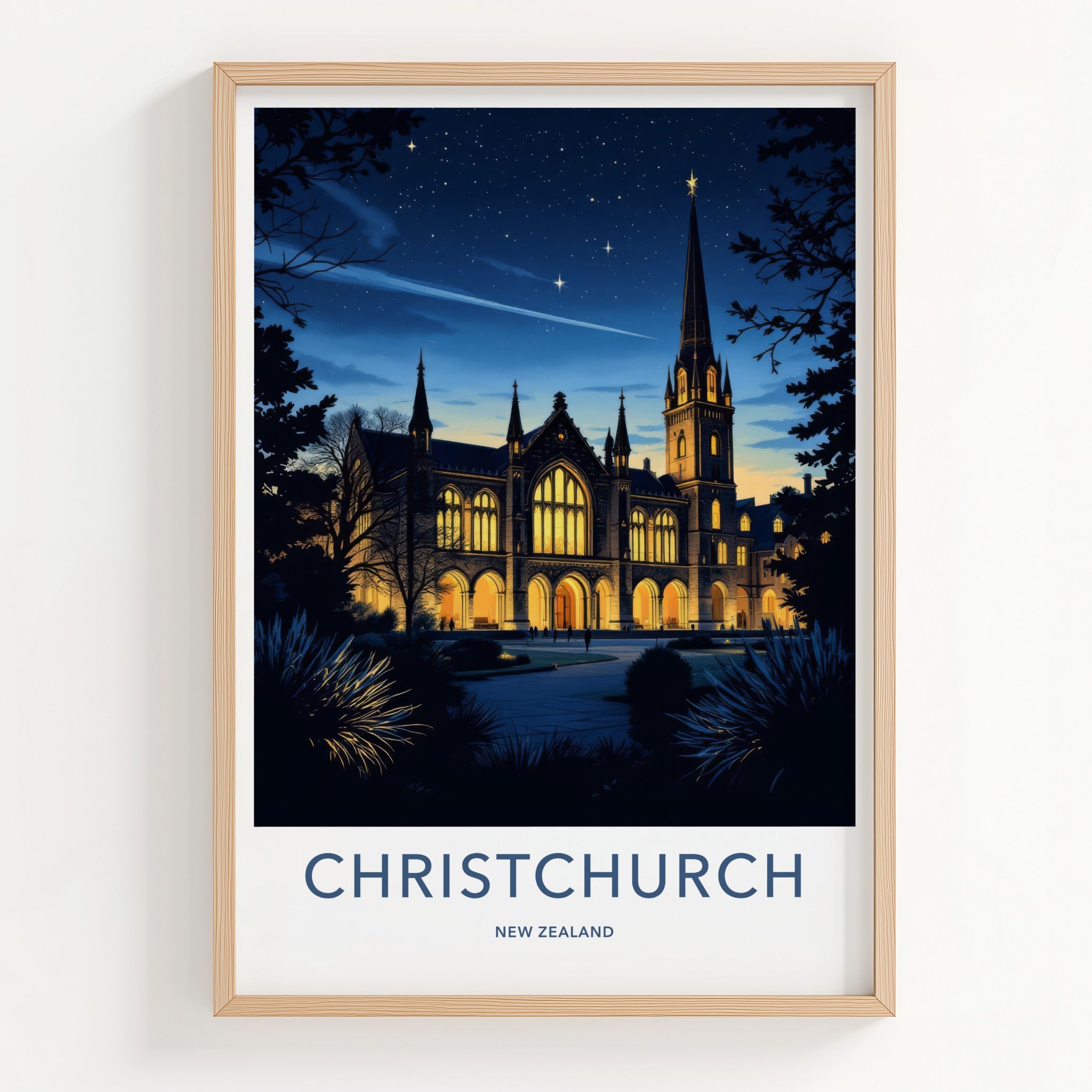 Christchurch Poster - New Zealand Wall Art - Gothic Spire Night Home Decor