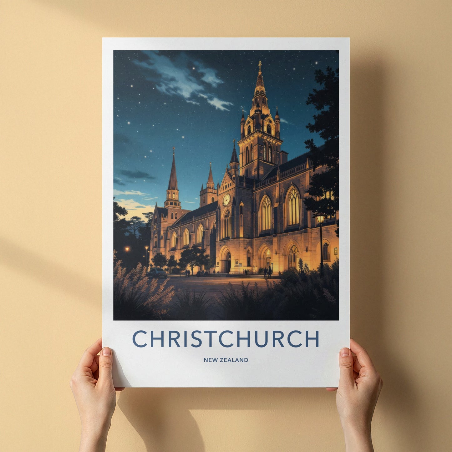 Christchurch Poster - New Zealand Wall Art - Starry Night Cathedral Home Decor