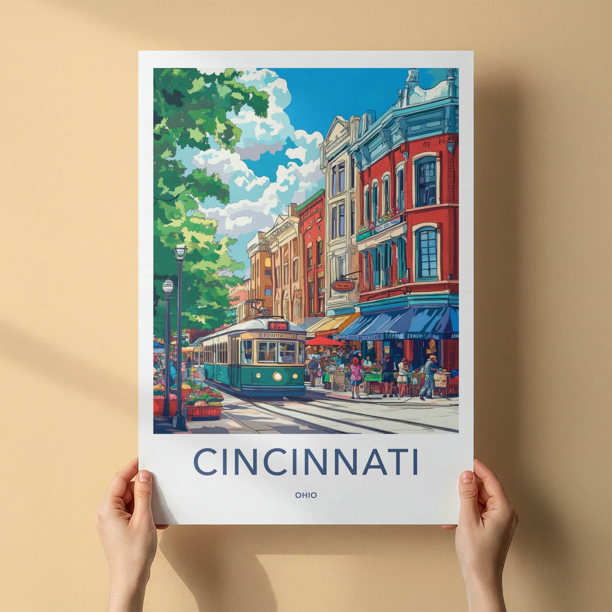Cincinnati Poster - Ohio Travel Art - City Streetcar Scene Home Decor