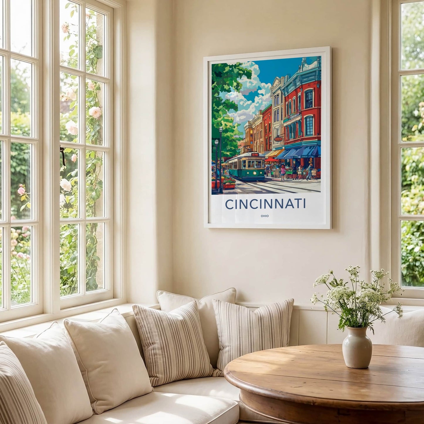 Cincinnati Poster - Ohio Travel Art - City Streetcar Scene Home Decor