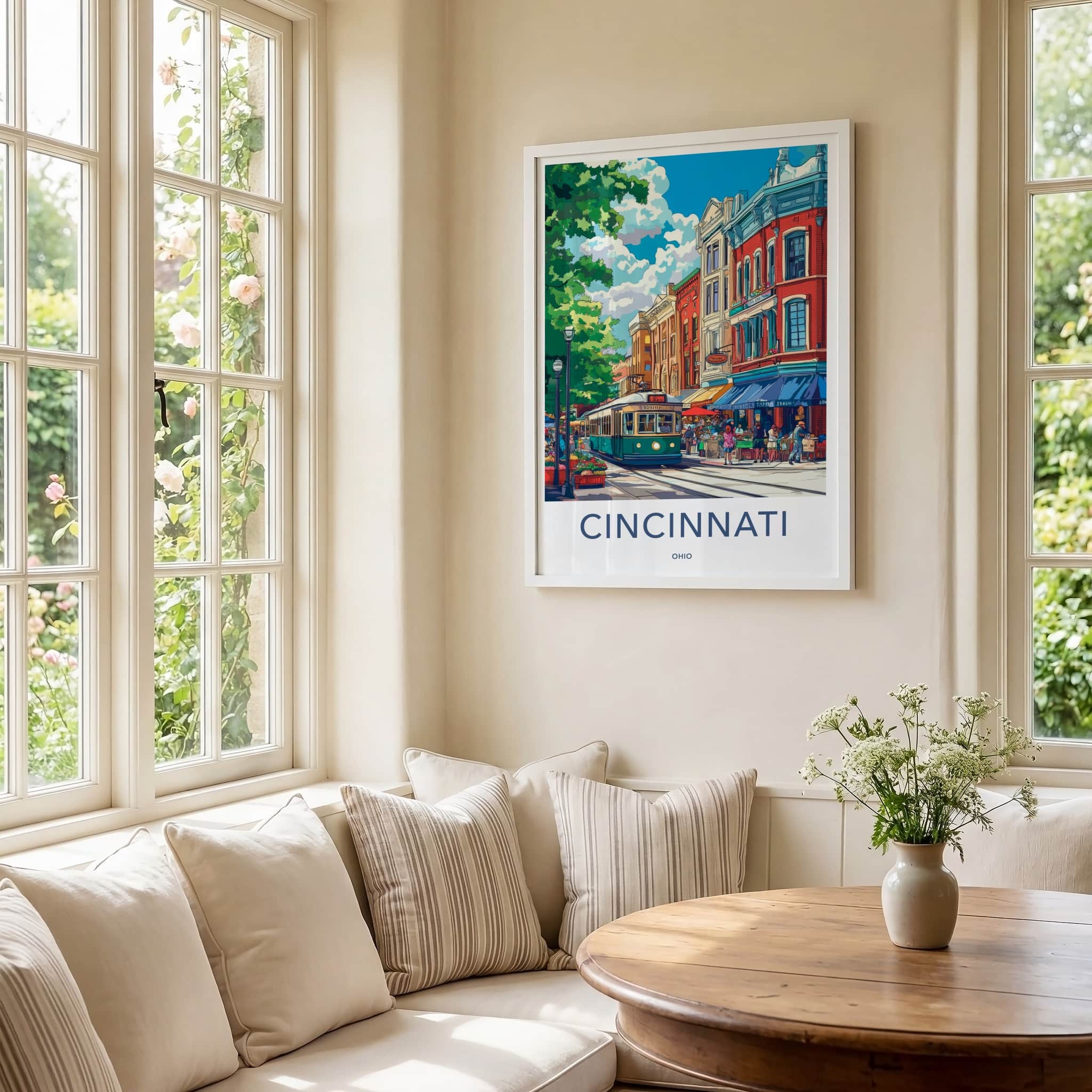 Cincinnati Poster - Ohio Travel Art - City Streetcar Scene Home Decor
