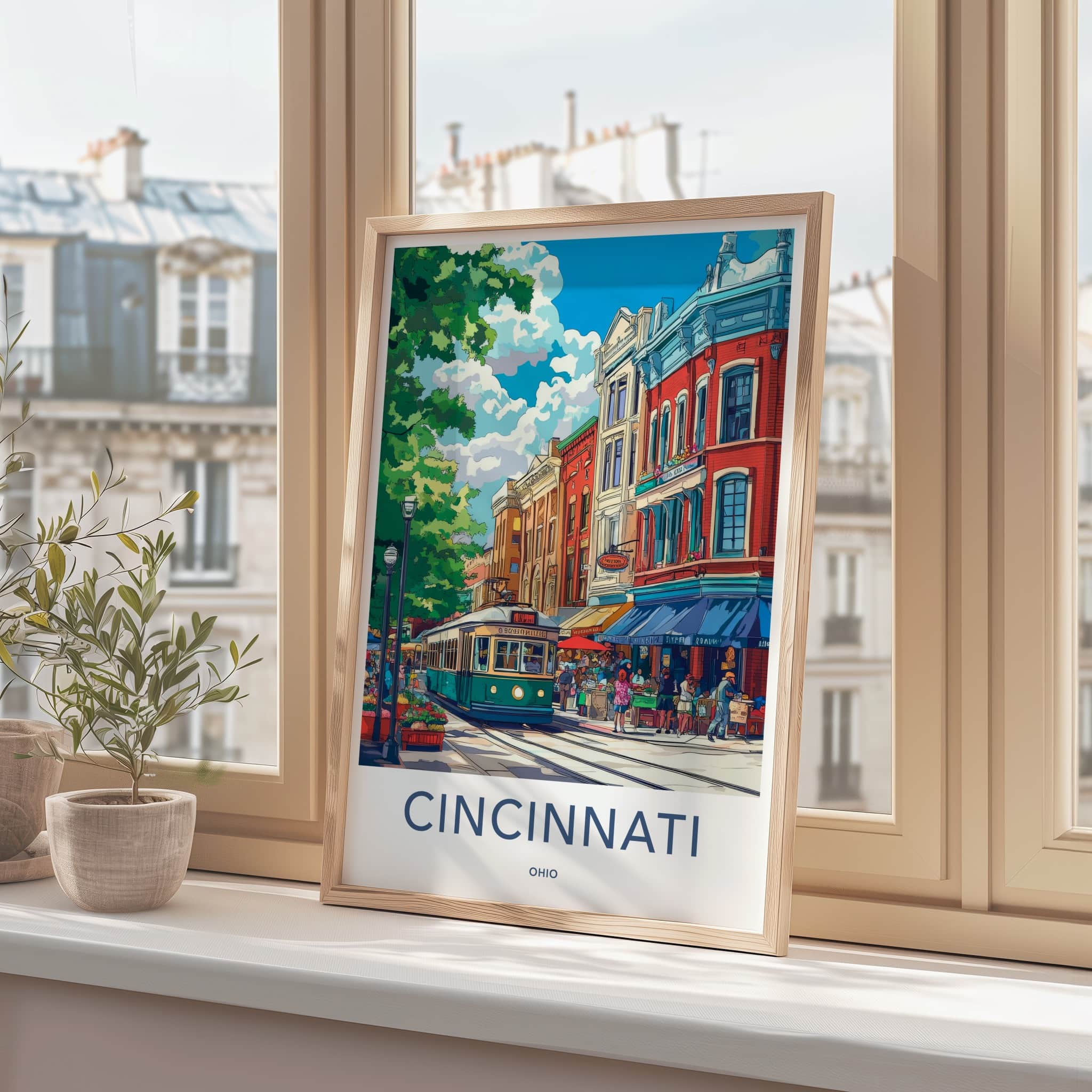 Cincinnati Poster - Ohio Travel Art - City Streetcar Scene Home Decor