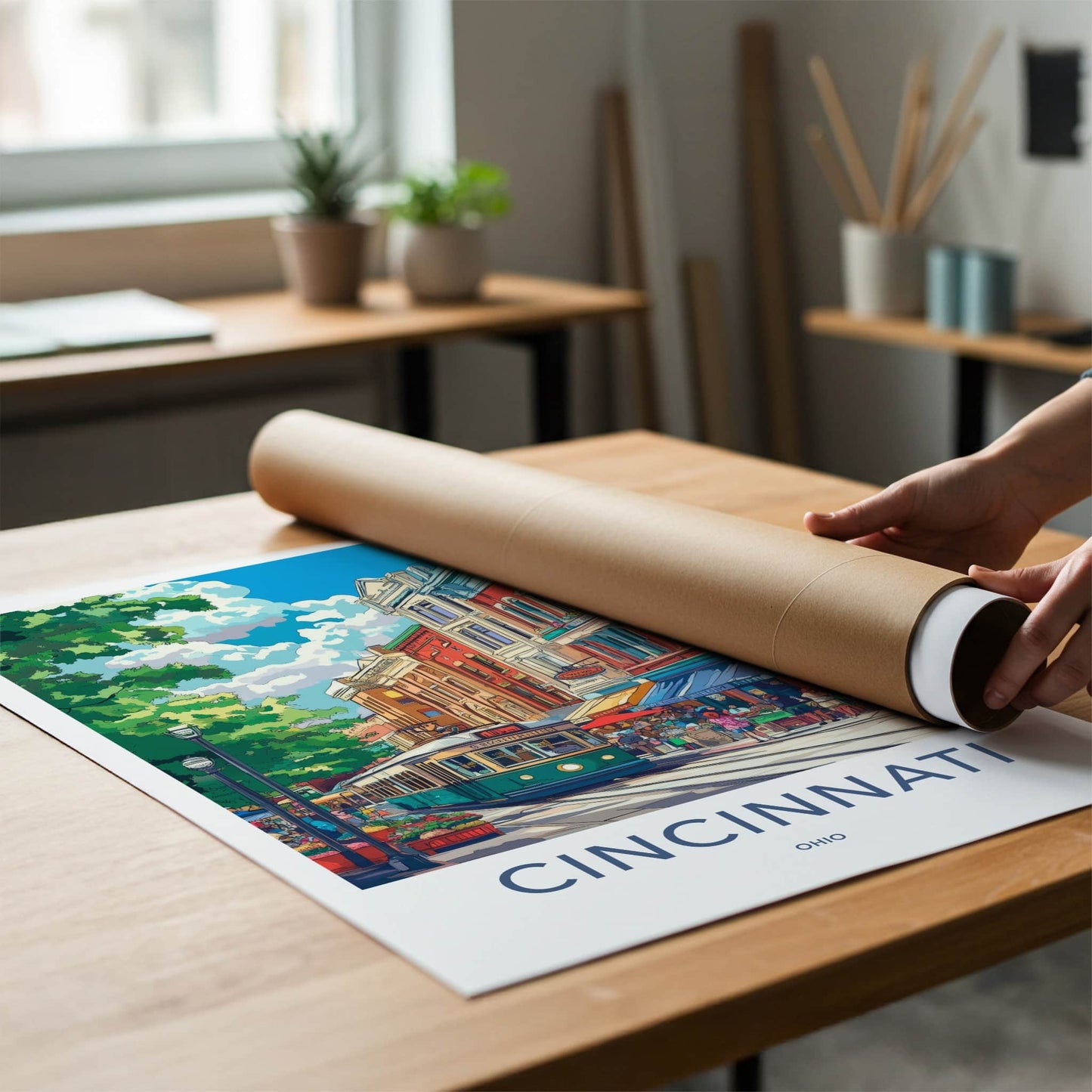 Cincinnati Poster - Ohio Travel Art - City Streetcar Scene Home Decor