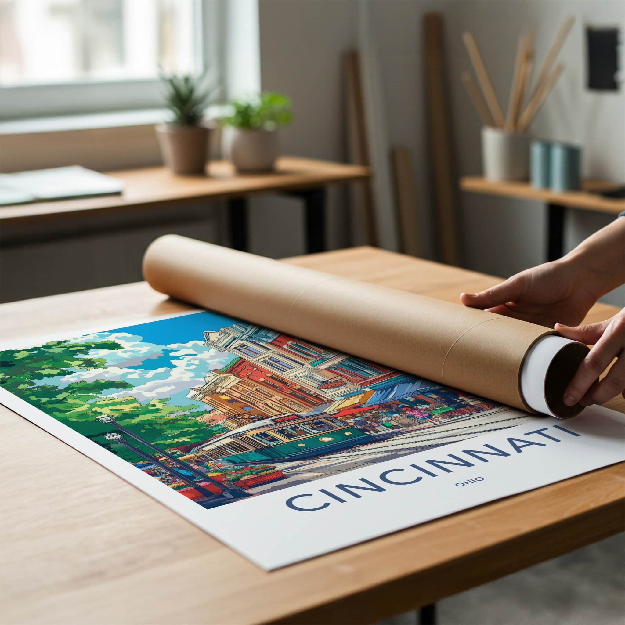 Cincinnati Poster - Ohio Travel Art - City Streetcar Scene Home Decor