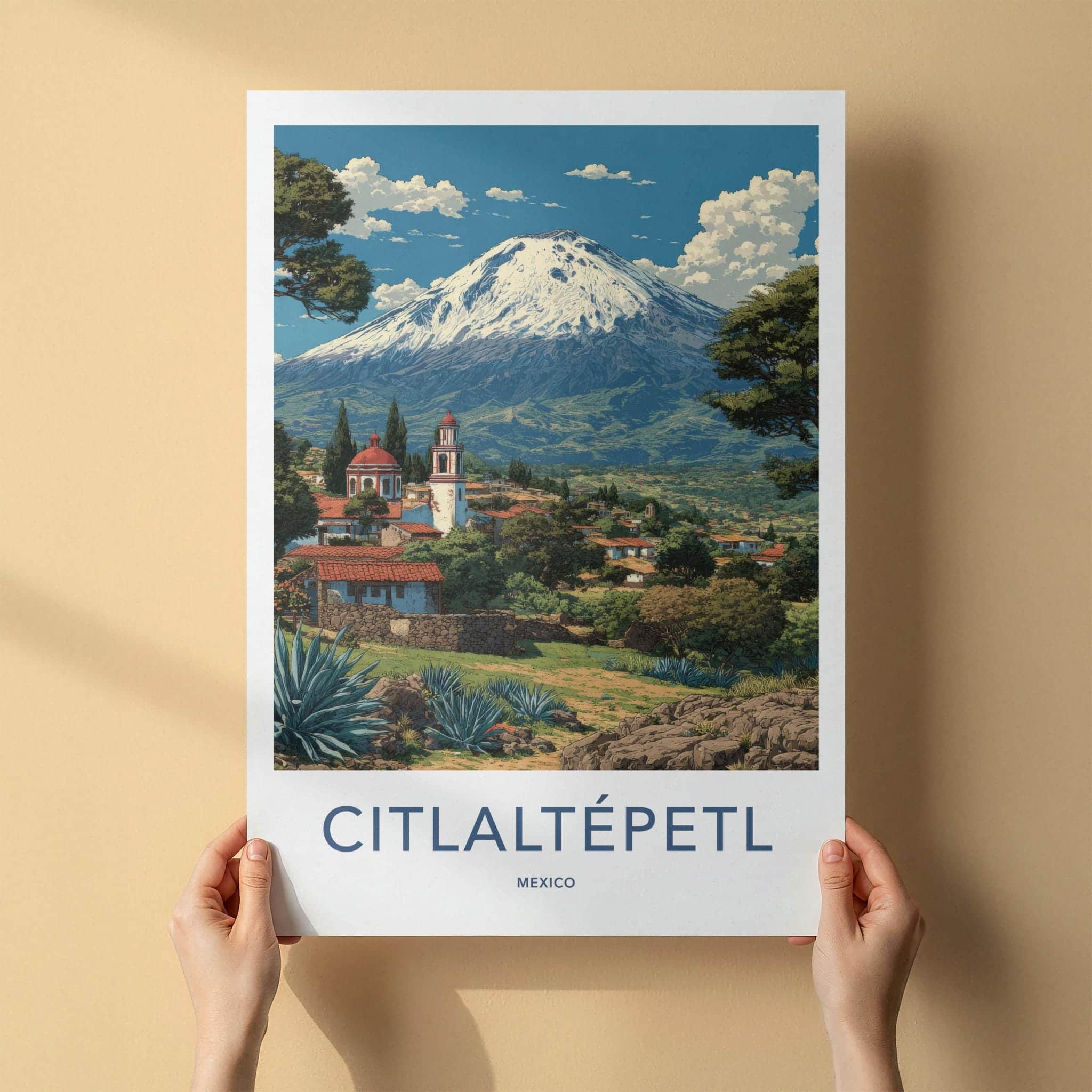 Citlaltepetl Poster - Mexico Travel Art - Snowy Mountain Village Home Decor