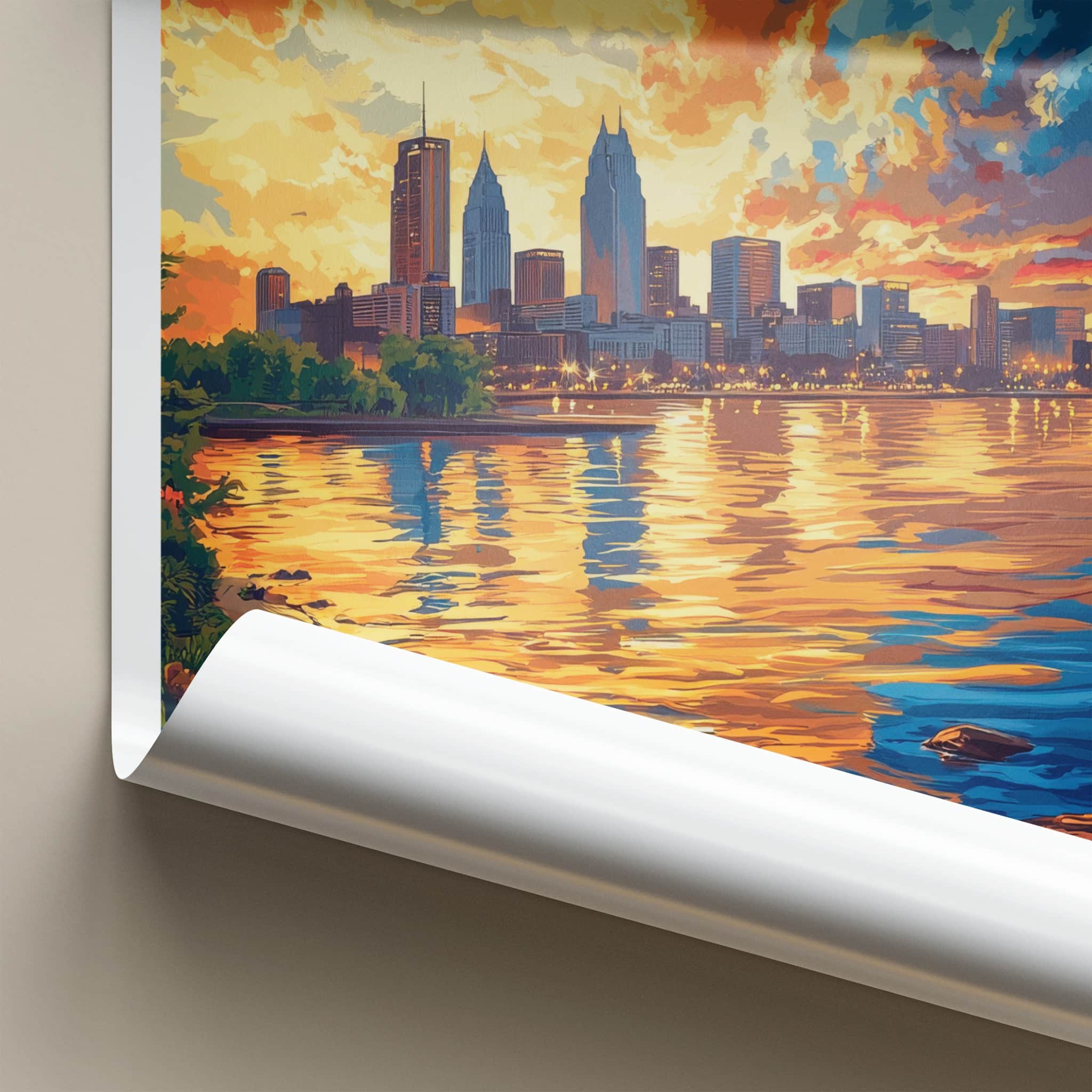 Cleveland Poster - Ohio Travel Art - Vibrant Sunset Reflections Home Decor