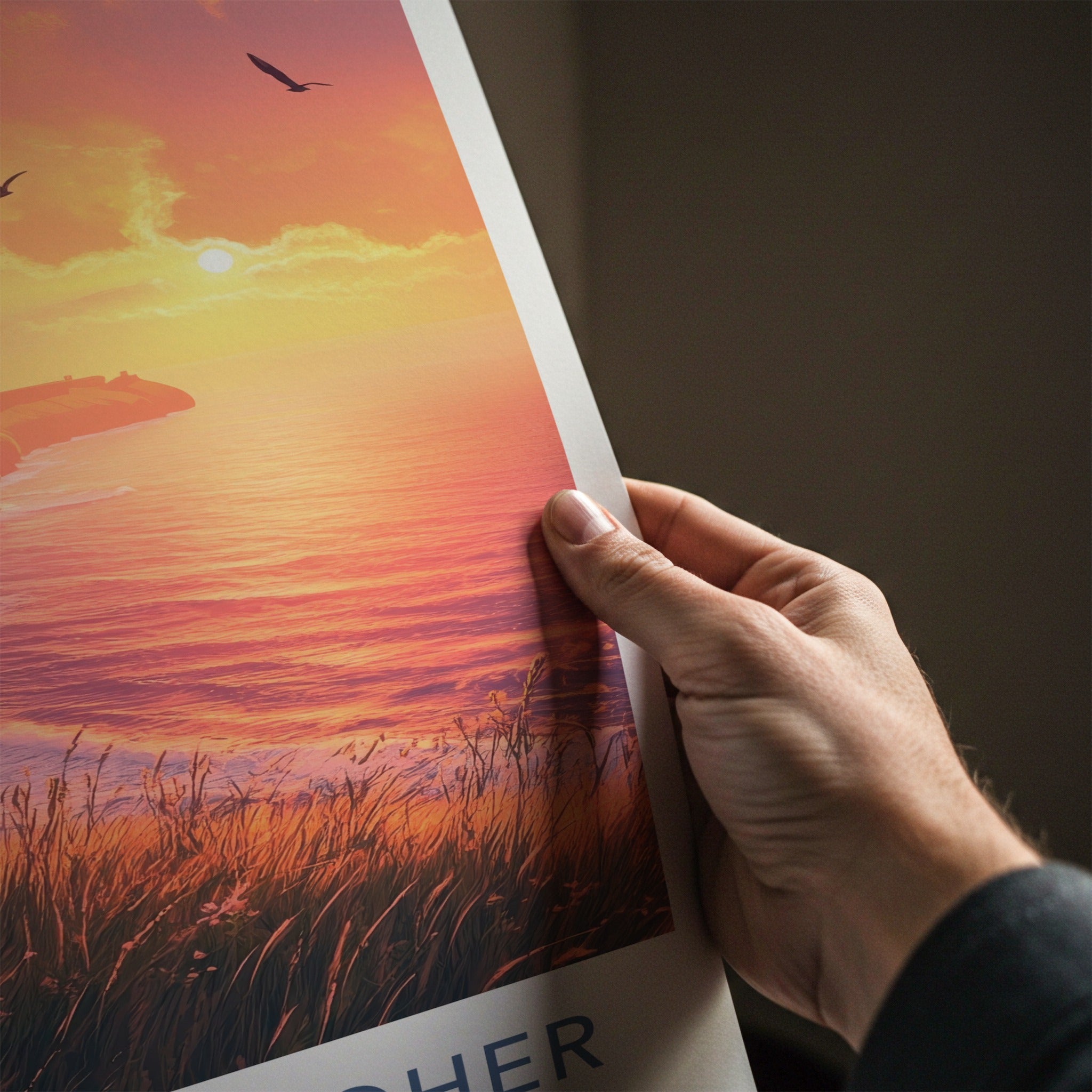 Cliffs Of Moher Poster - Ireland Travel Art - Grassy Cliff Sunset Wall Decor