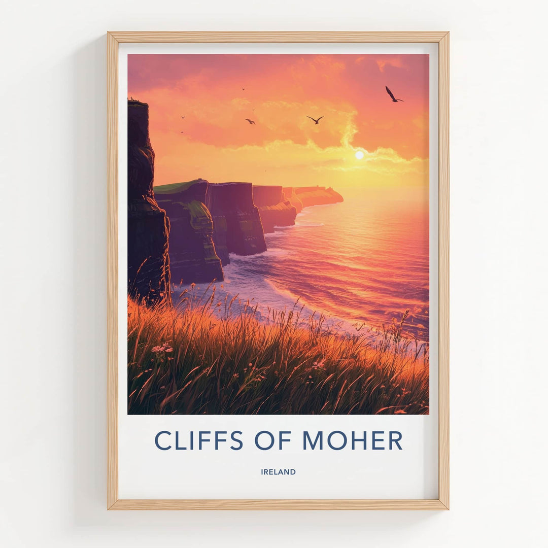 Cliffs Of Moher Poster - Ireland Travel Art - Grassy Cliff Sunset Wall Decor