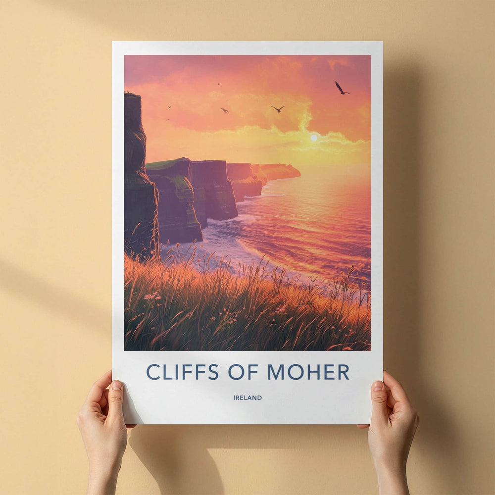 Cliffs Of Moher Poster - Ireland Travel Art - Grassy Cliff Sunset Wall Decor
