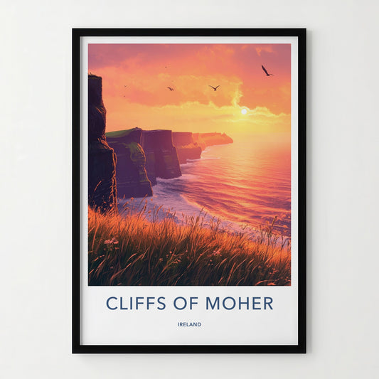 Cliffs Of Moher Poster - Ireland Travel Art - Grassy Cliff Sunset Wall Decor