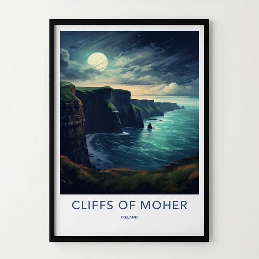 Cliffs of Moher Poster - Ireland Travel Art - Moonlit Ocean Cliffs Home Decor