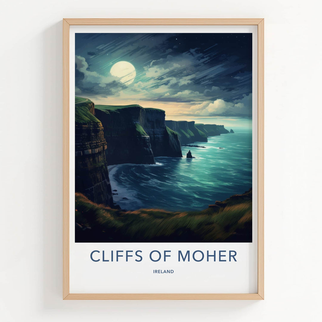 Cliffs of Moher Poster - Ireland Travel Art - Moonlit Ocean Cliffs Home Decor