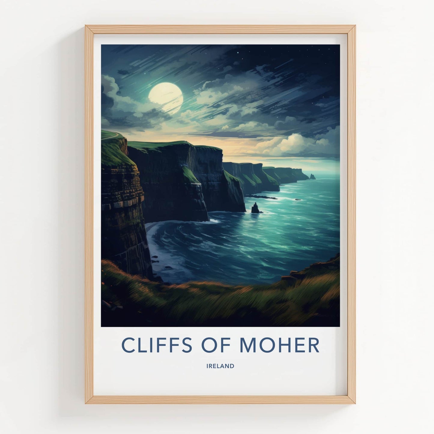 Cliffs of Moher Poster - Ireland Travel Art - Moonlit Ocean Cliffs Home Decor