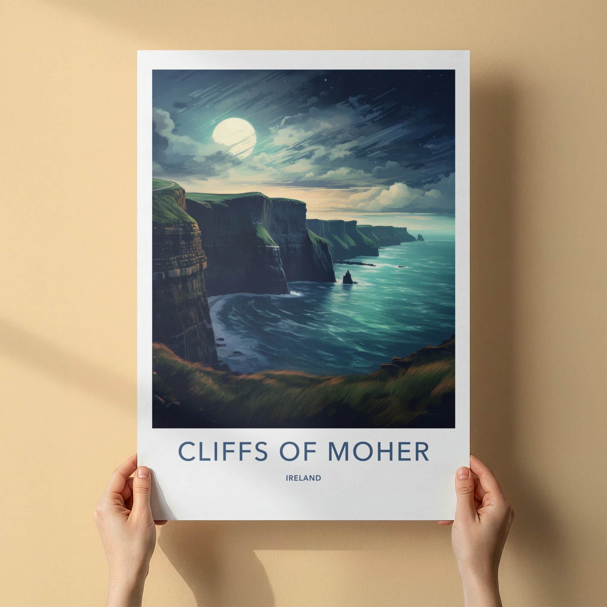 Cliffs of Moher Poster - Ireland Travel Art - Moonlit Ocean Cliffs Home Decor
