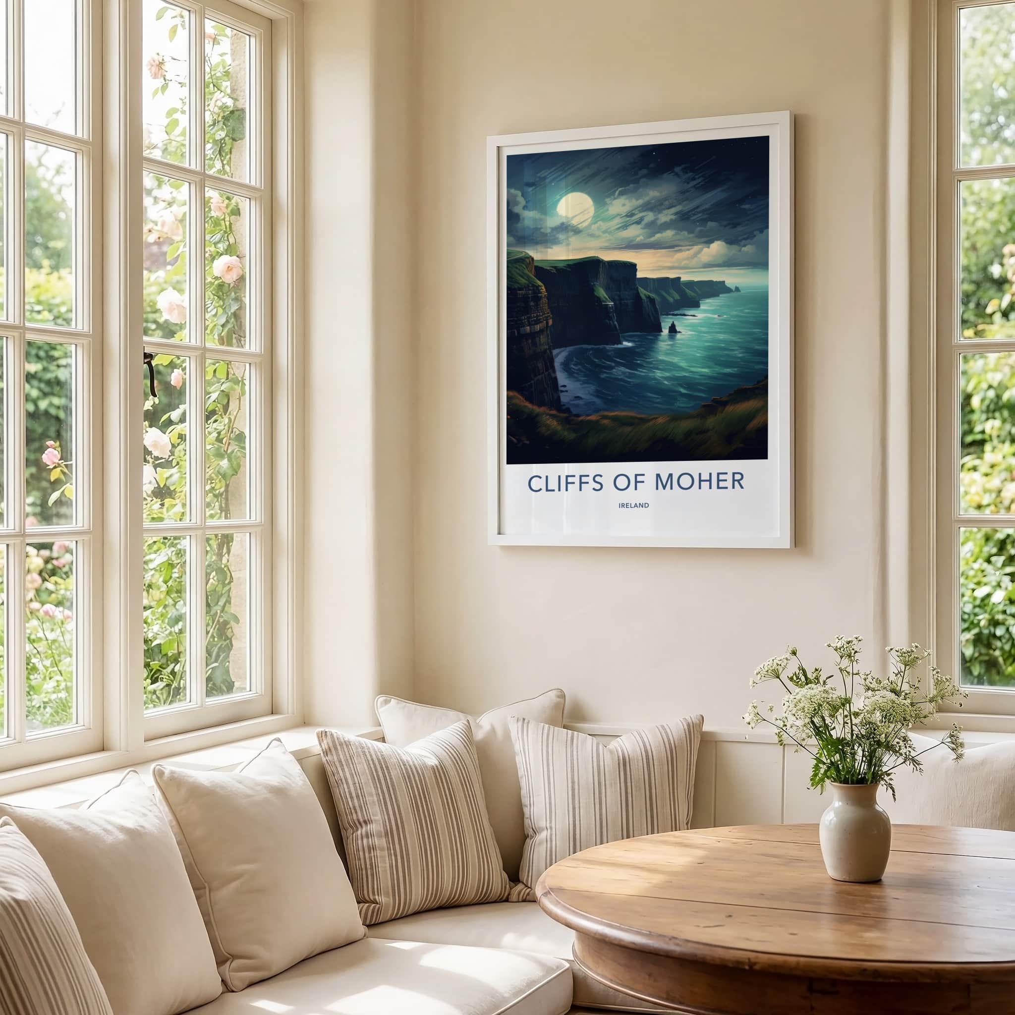 Cliffs of Moher Poster - Ireland Travel Art - Moonlit Ocean Cliffs Home Decor