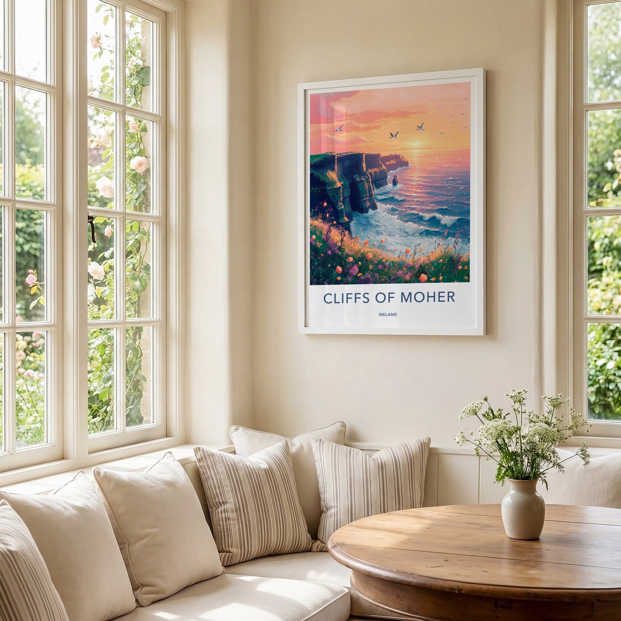 Cliffs of Moher Poster - Ireland Travel Art - Wildflower Cliffside Sunset Wall Decor