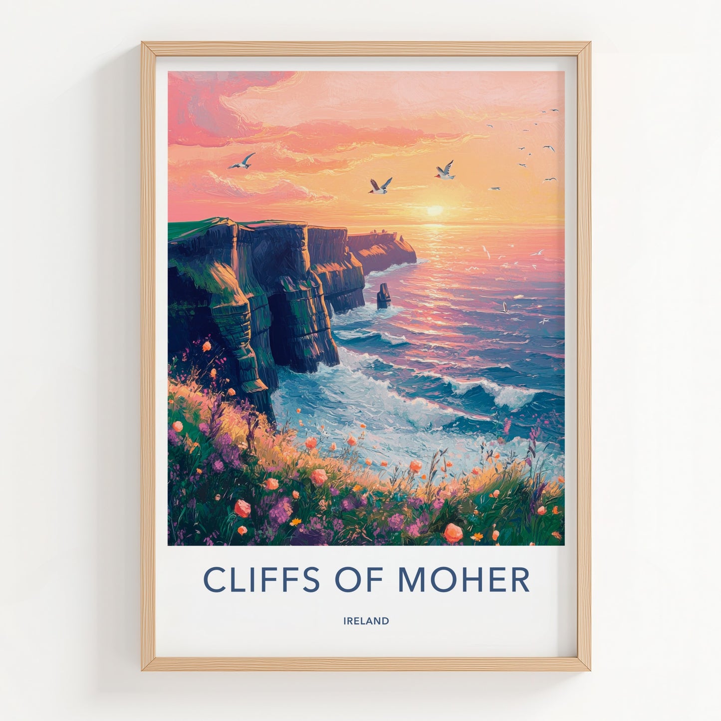 Cliffs of Moher Poster - Ireland Travel Art - Wildflower Cliffside Sunset Wall Decor