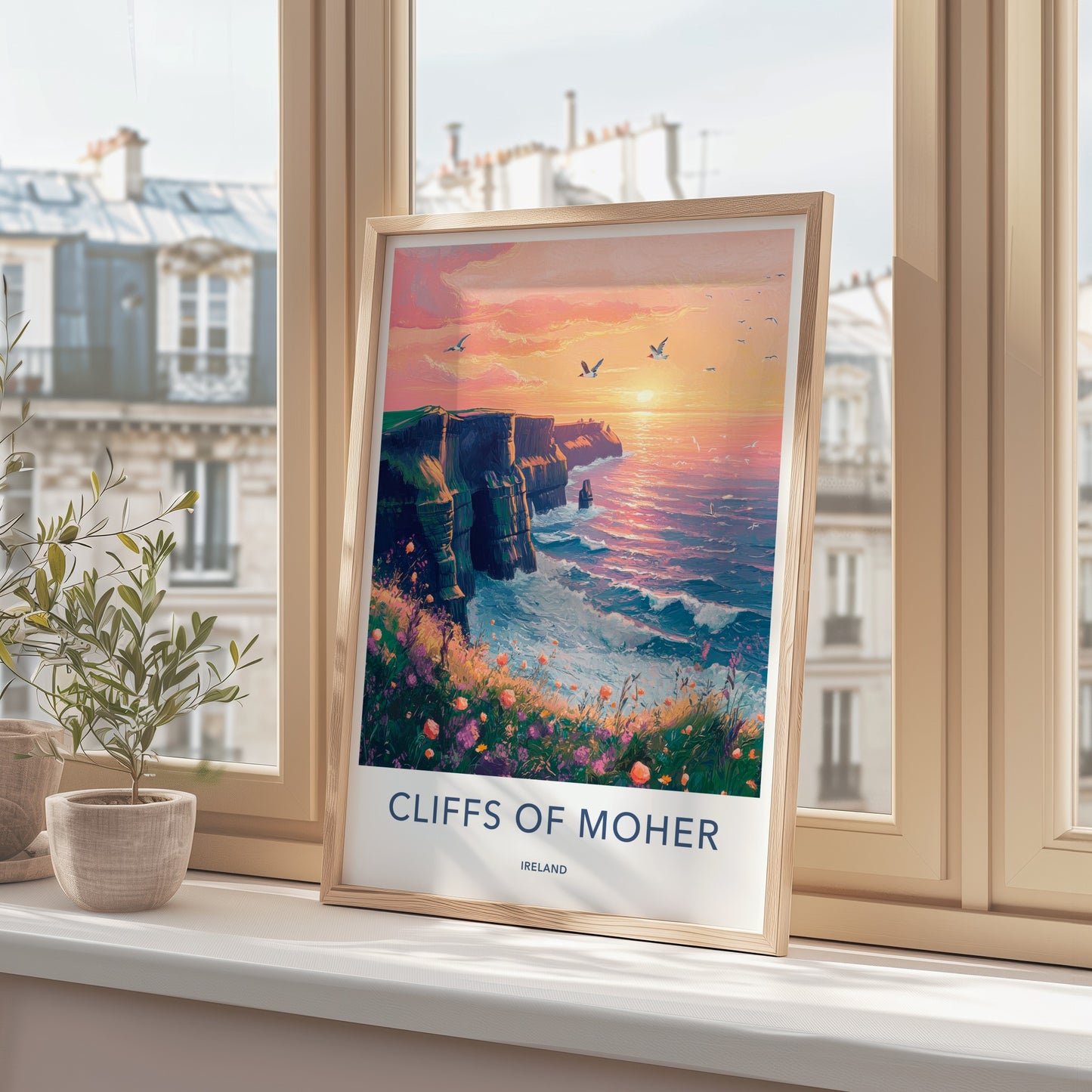 Cliffs of Moher Poster - Ireland Travel Art - Wildflower Cliffside Sunset Wall Decor