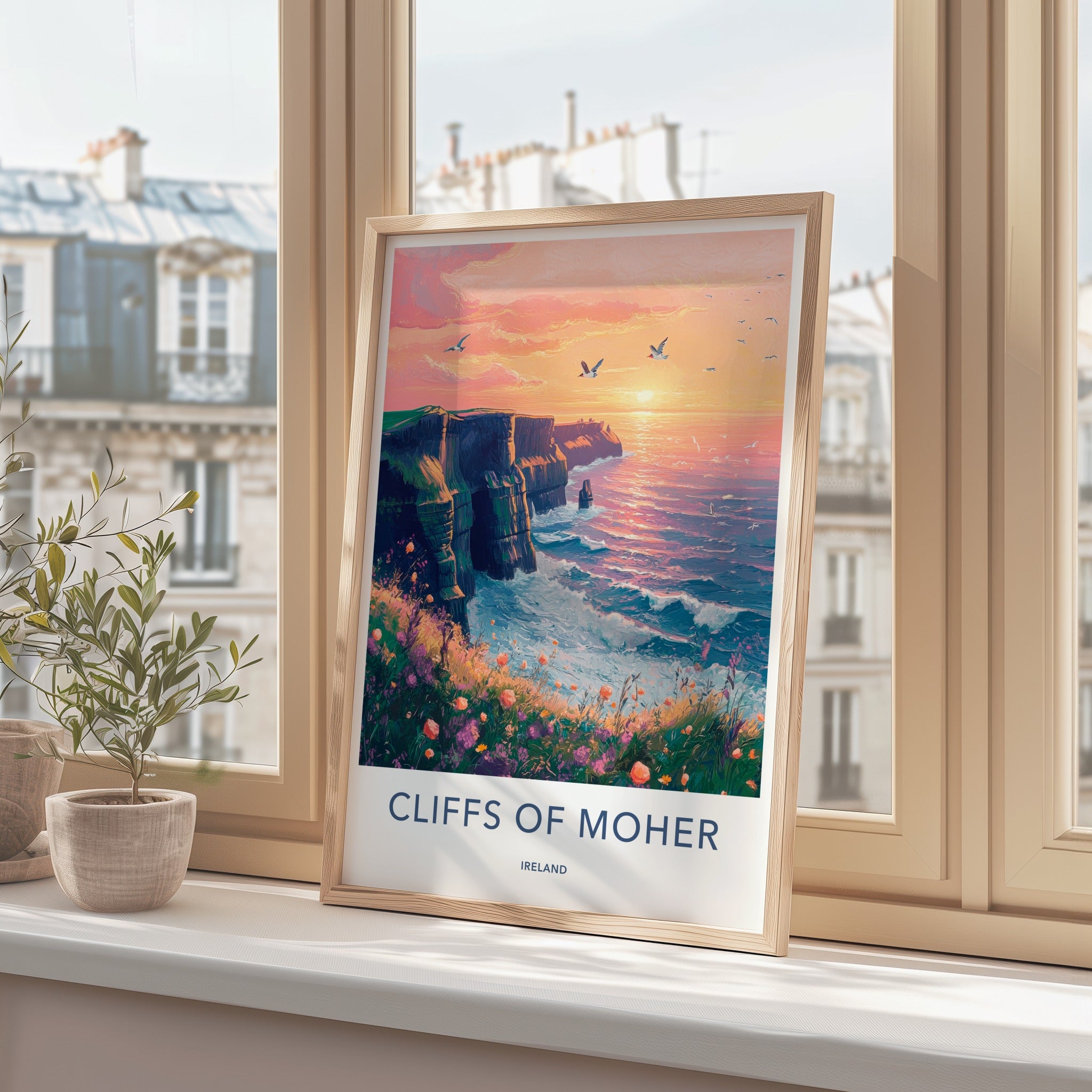 Cliffs of Moher Poster - Ireland Travel Art - Wildflower Cliffside Sunset Wall Decor