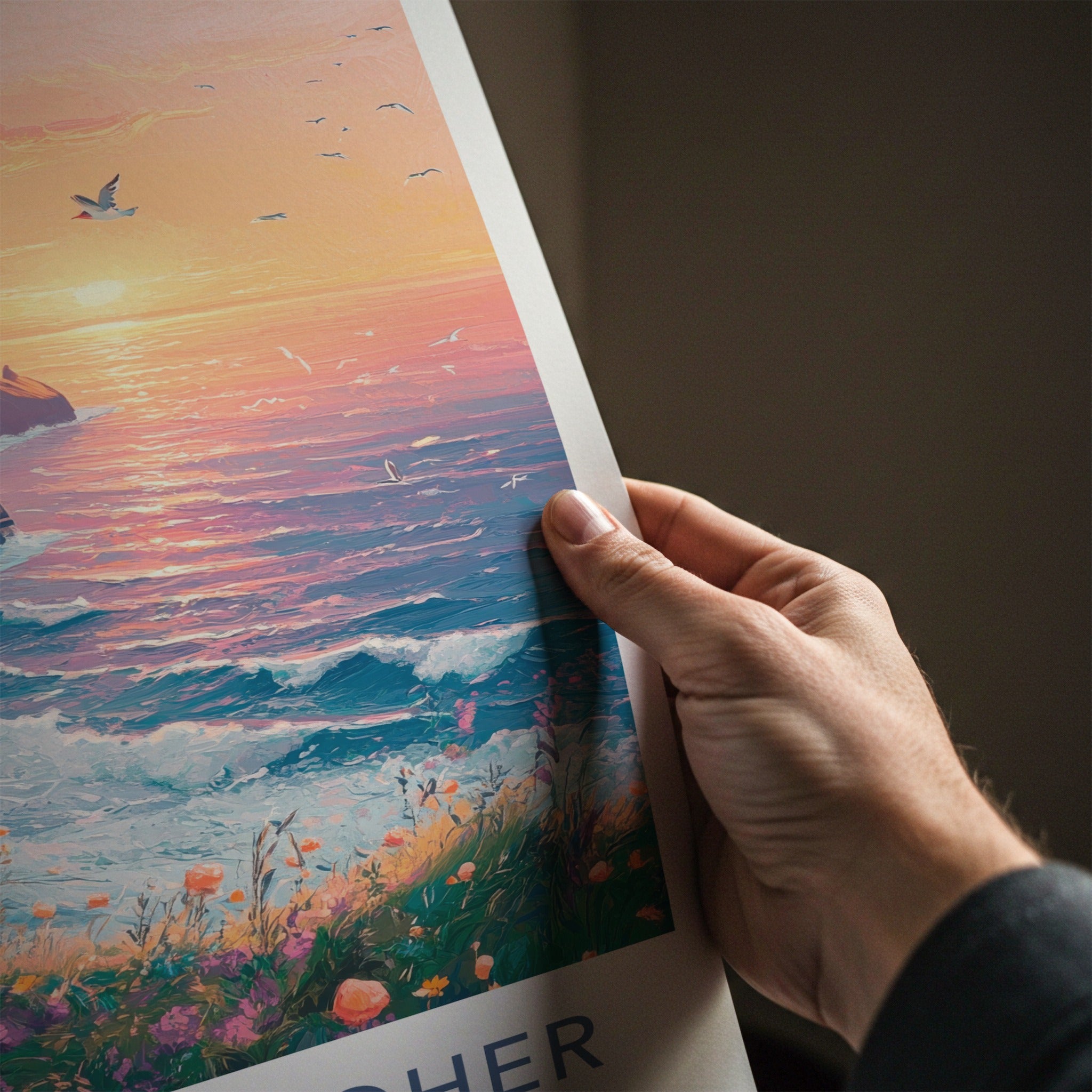 Cliffs of Moher Poster - Ireland Travel Art - Wildflower Cliffside Sunset Wall Decor