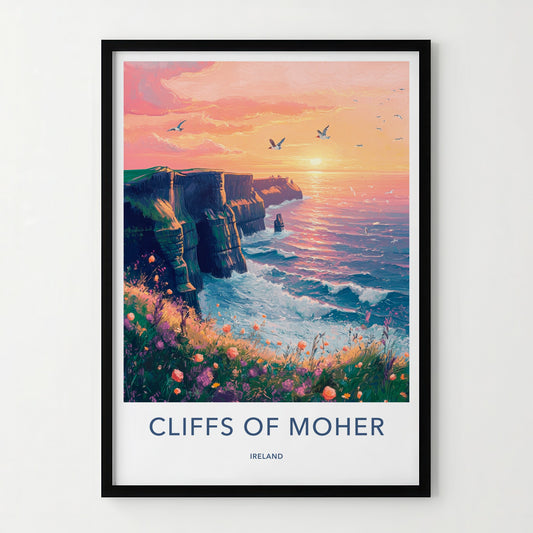 Cliffs of Moher Poster - Ireland Travel Art - Wildflower Cliffside Sunset Wall Decor