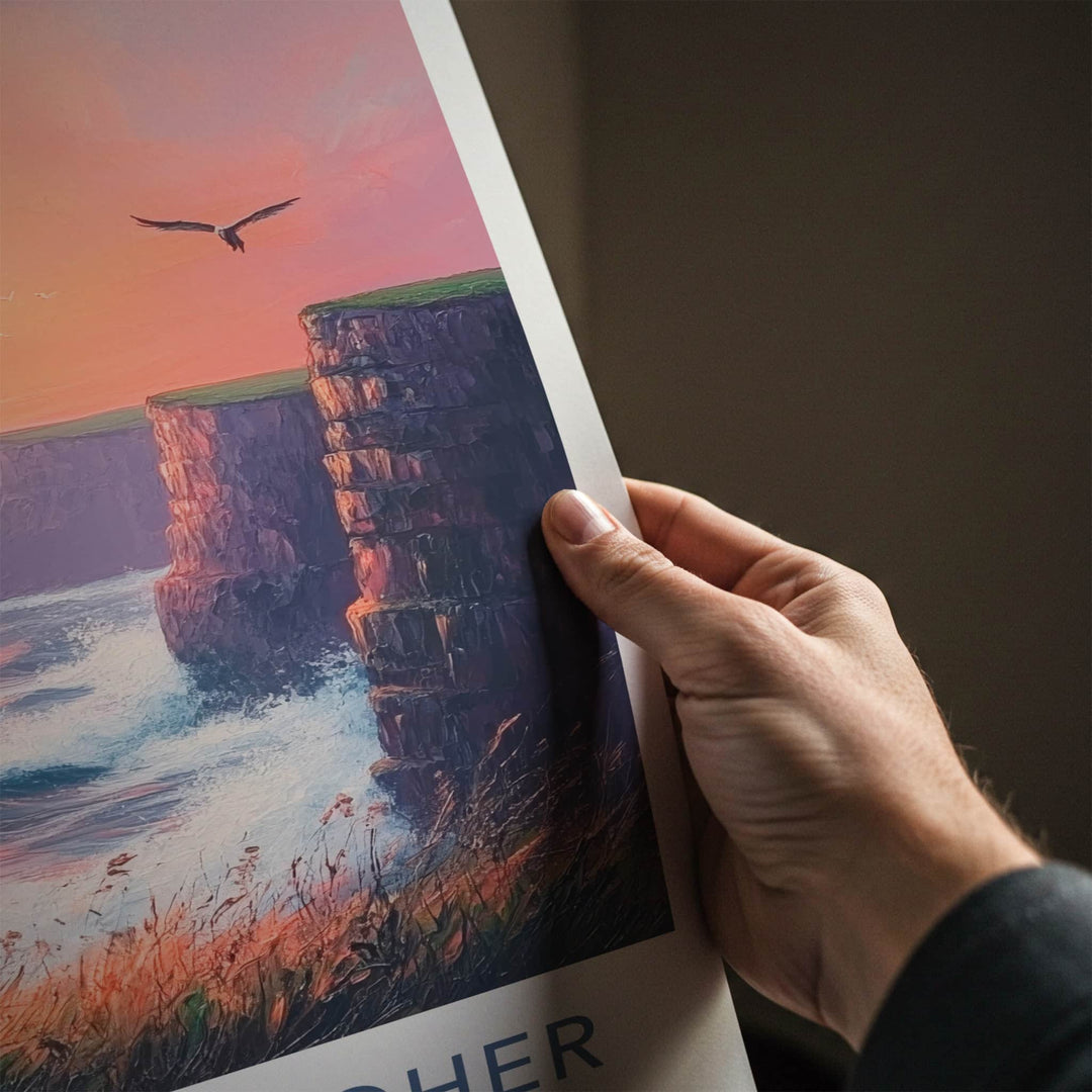 Cliffs of Moher Poster - Ireland Travel Print - Golden Sunset Cliffs Wall Decor