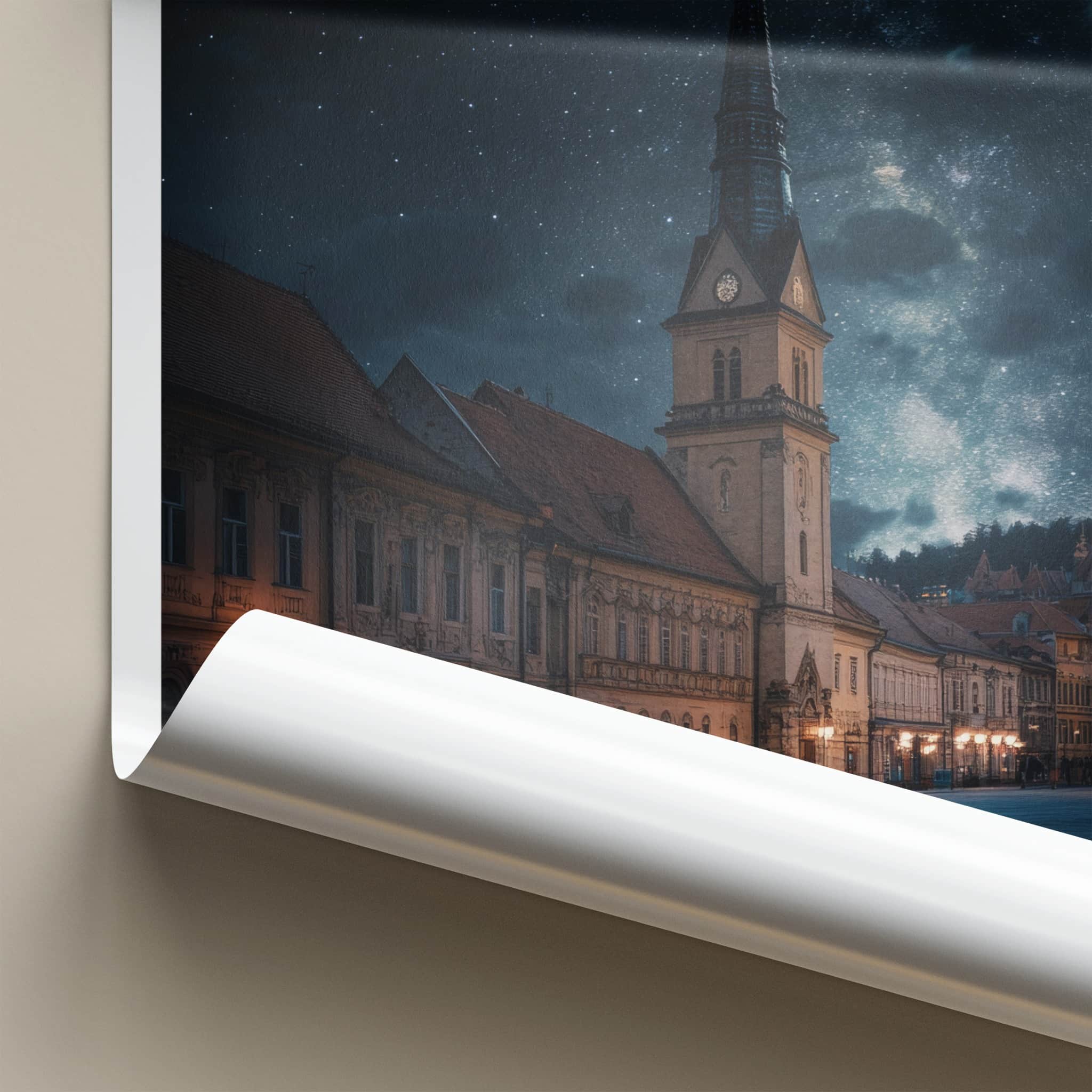 Cluj-Napoca Poster - Romania Travel Art - Starry Church Spire Home Decor