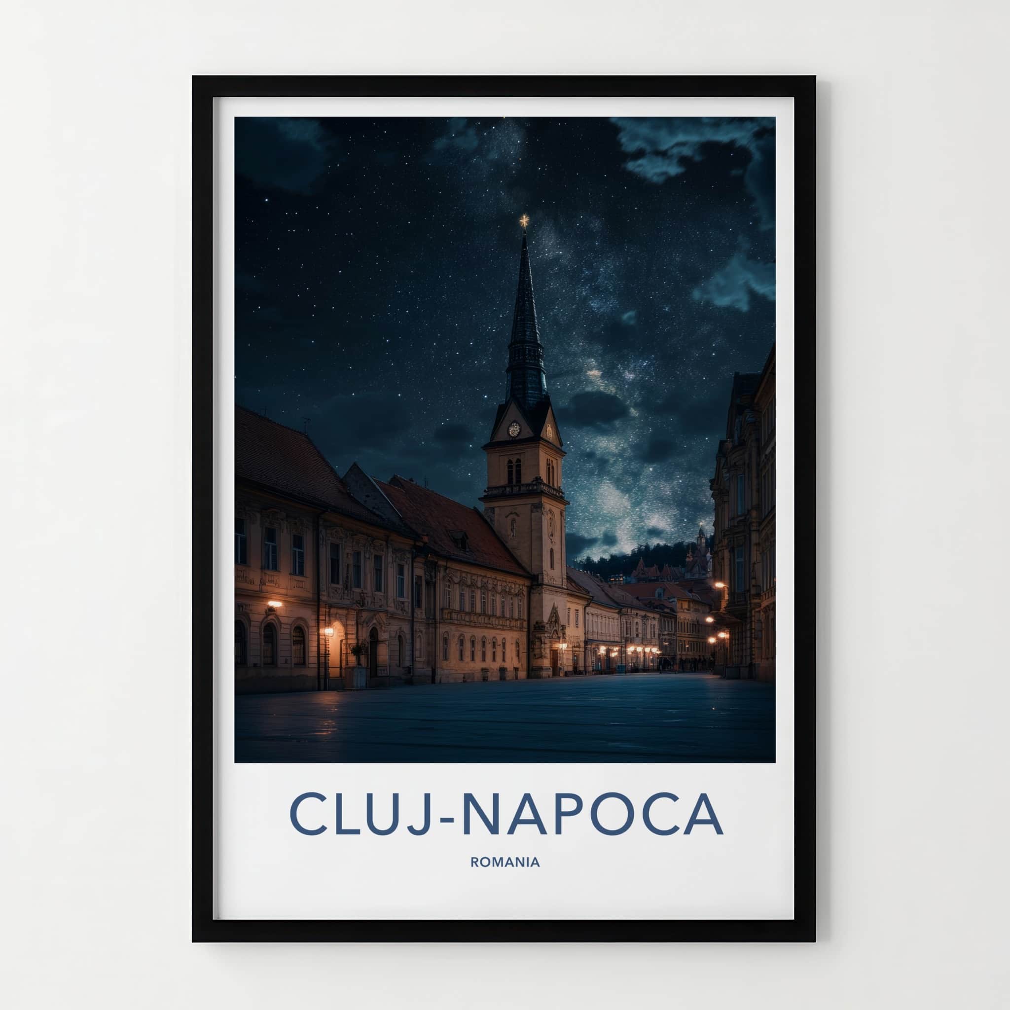Cluj-Napoca Poster - Romania Travel Art - Starry Church Spire Home Decor